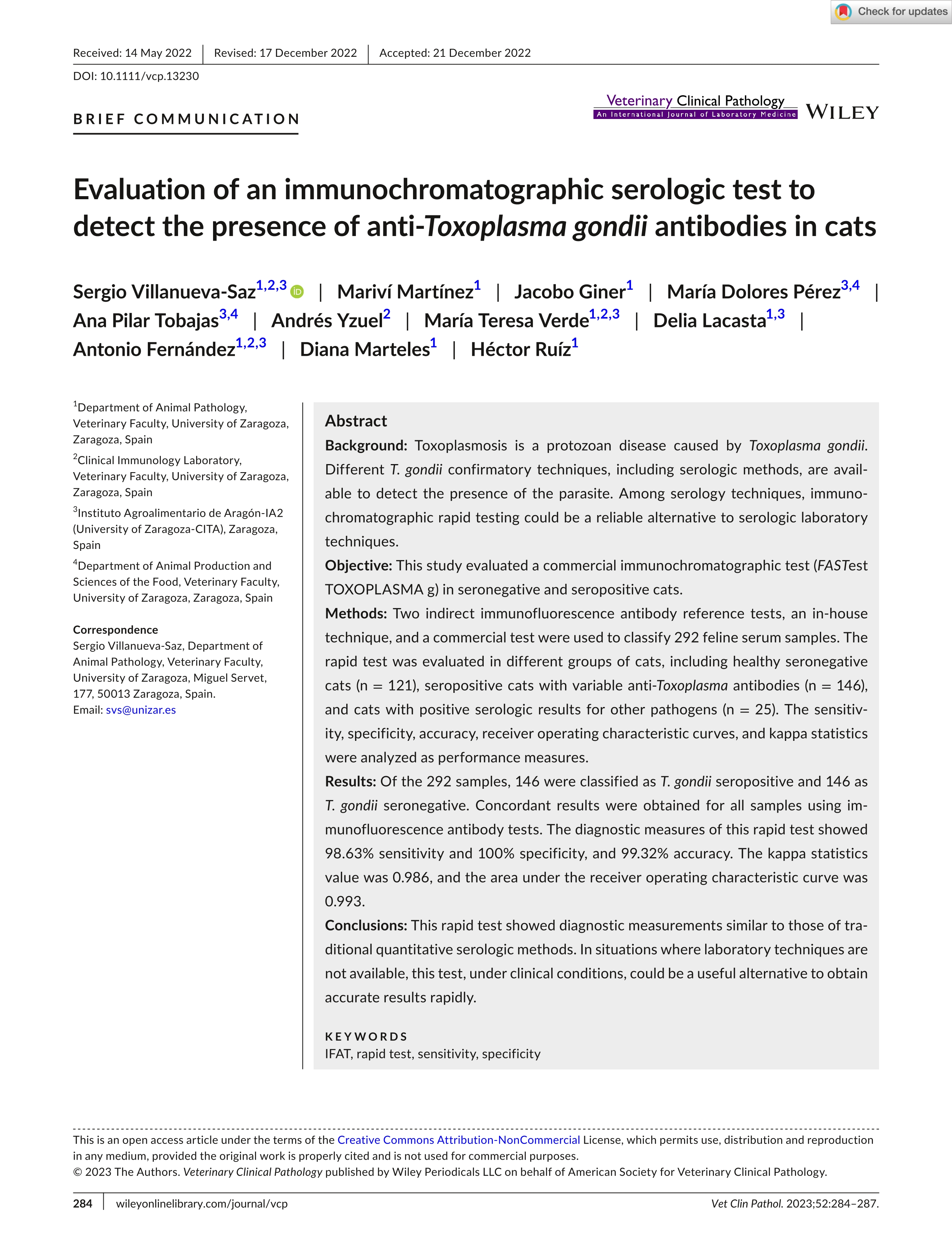 Evaluation of an immunochromatographic serologic test to detect the presence of anti-Toxoplasma gondii antibodies in cats