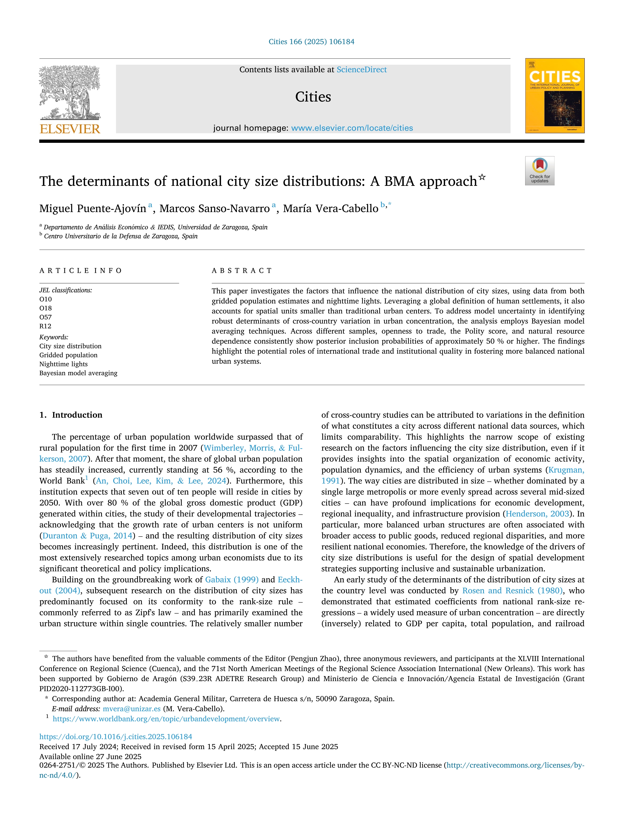 The determinants of national city size distributions: A BMA approach