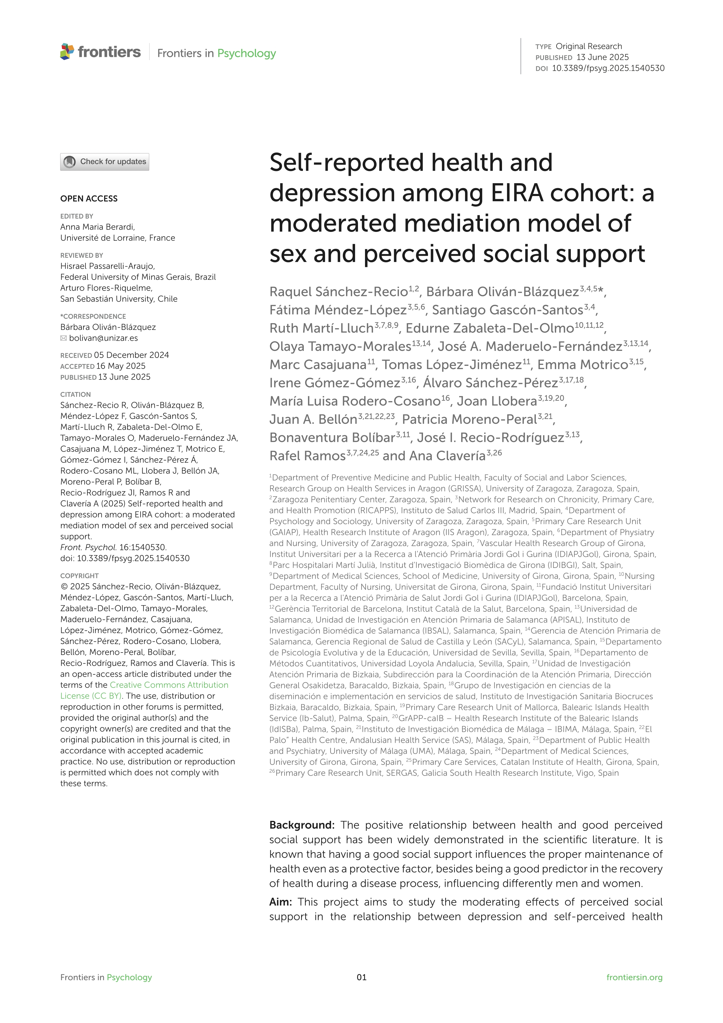 Self-reported health and depression among EIRA cohort: a moderated mediation model of sex and perceived social support