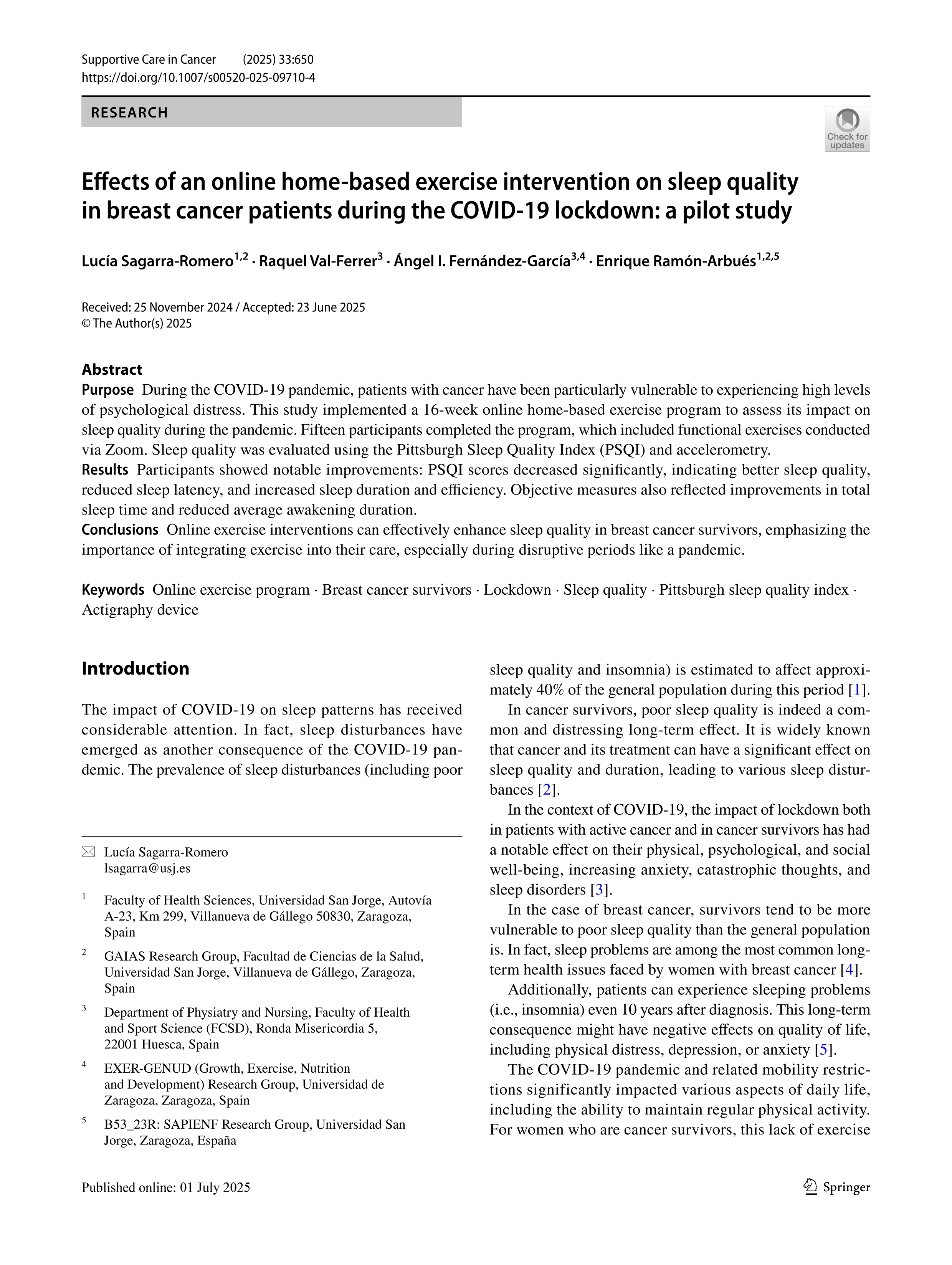 Effects of an online home-based exercise intervention on sleep quality in breast cancer patients during the COVID-19 lockdown: a pilot study