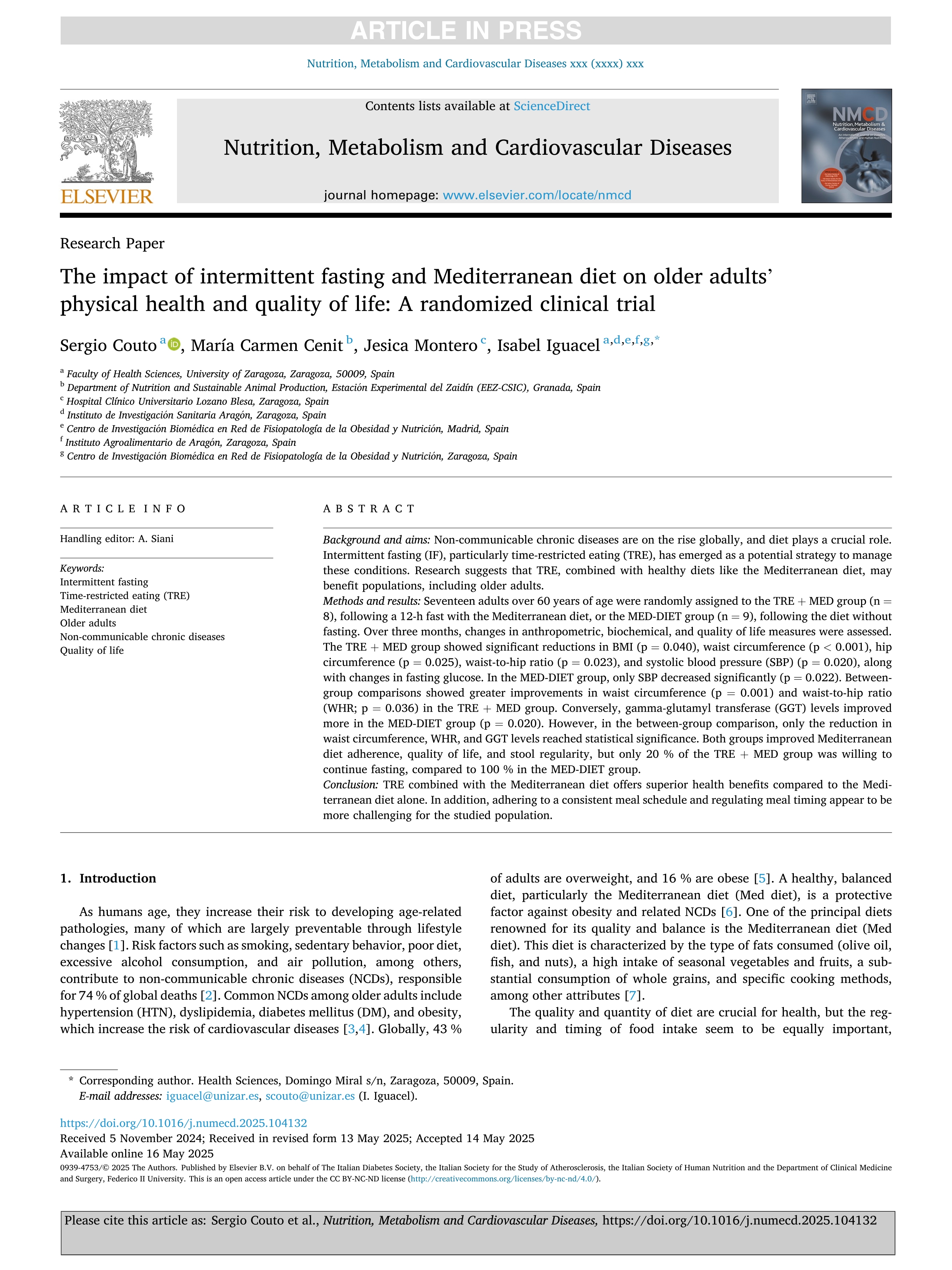 The impact of intermittent fasting and Mediterranean diet on older adults' physical health and quality of life: A randomized clinical trial