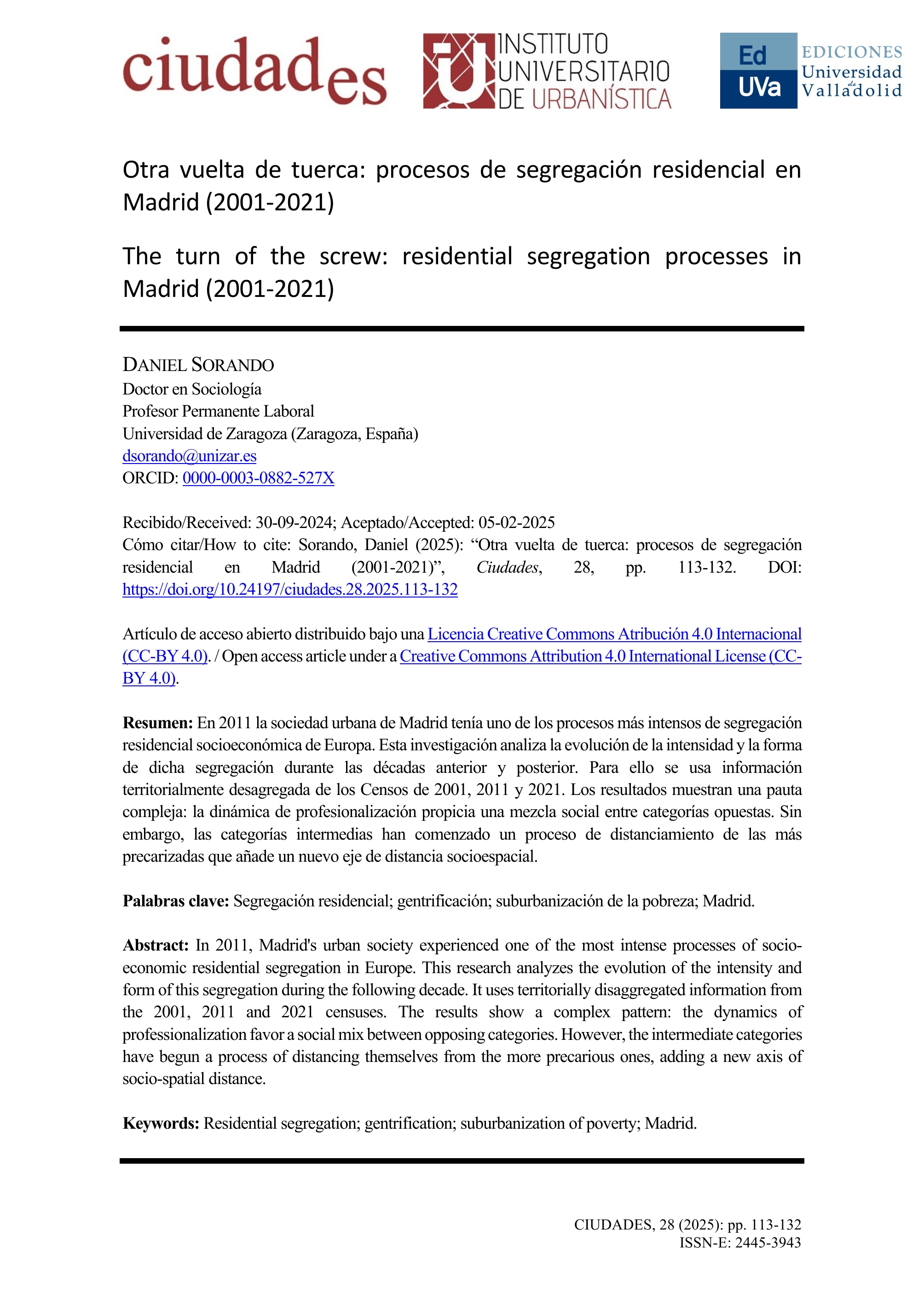 Otra vuelta de tuerca: Procesos de segregación residencial en Madrid (2001-2021)
