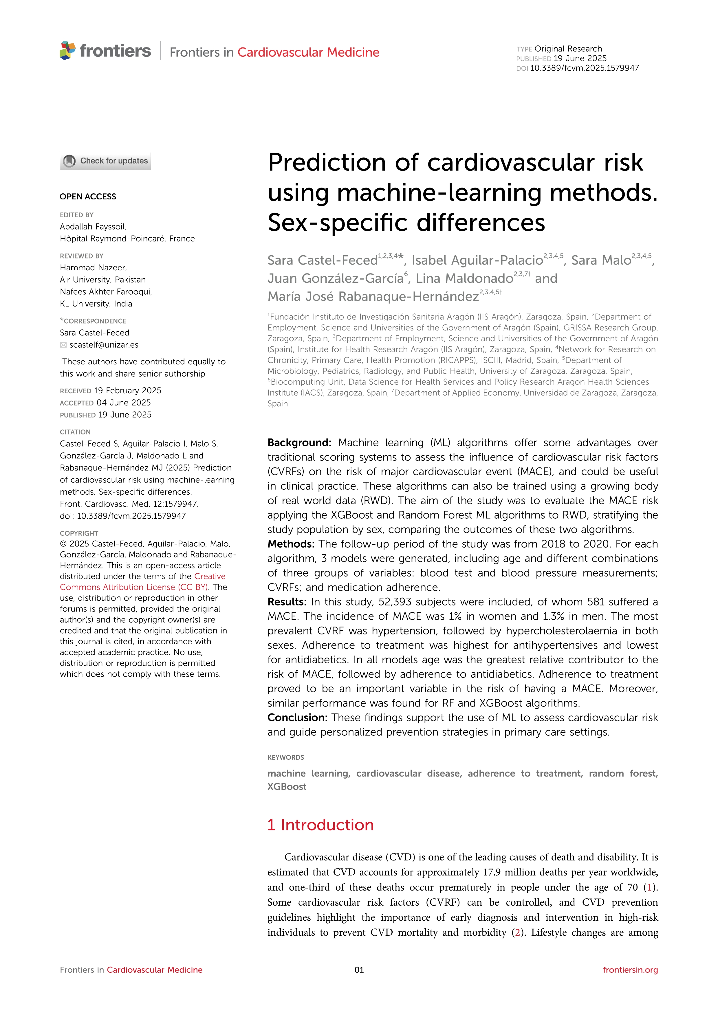 Prediction of cardiovascular risk using machine-learning methods. Sex-specific differences