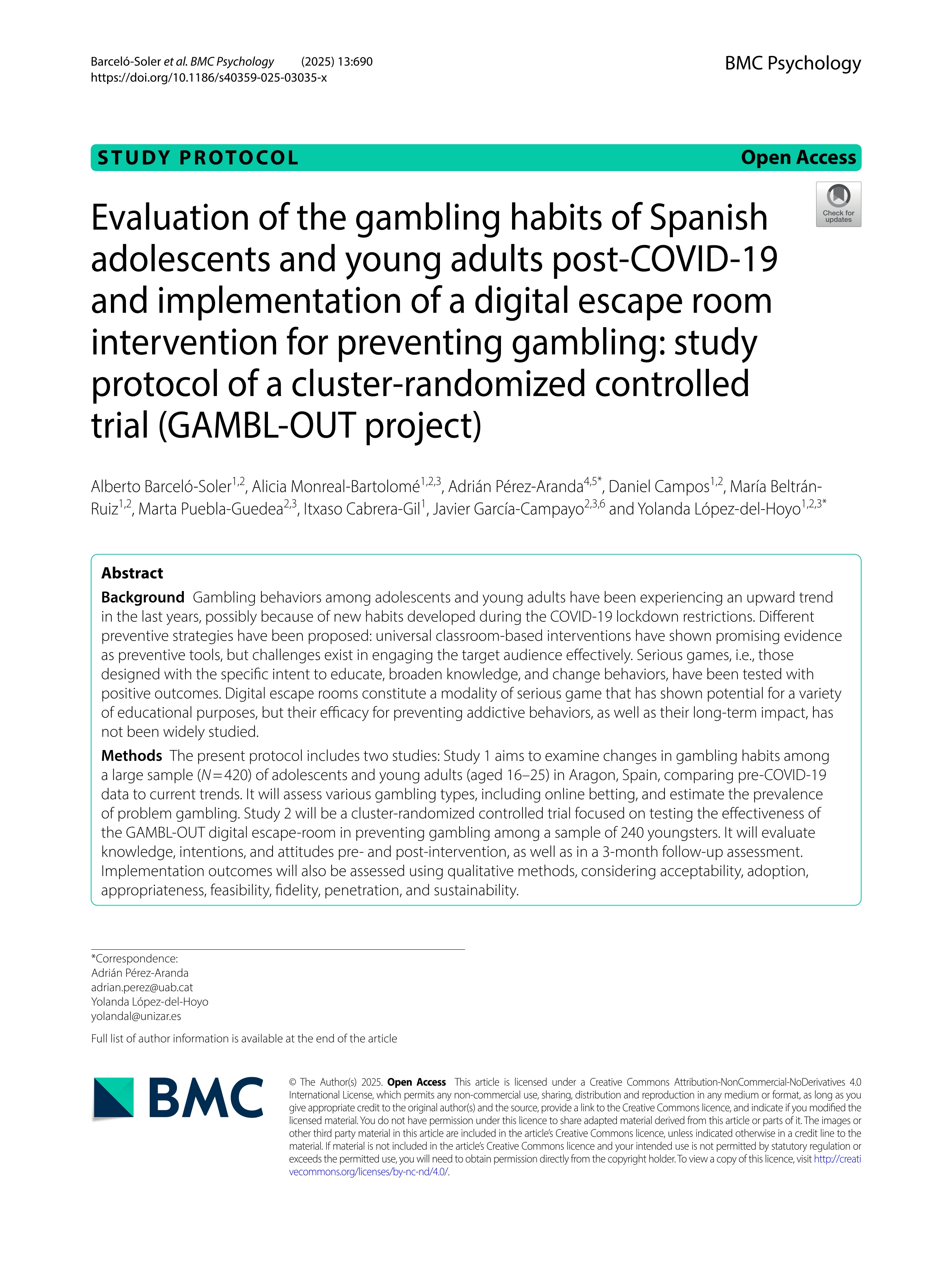 Evaluation of the gambling habits of Spanish adolescents and young adults post-COVID-19 and implementation of a digital escape room intervention for preventing gambling: study protocol of a cluster-randomized controlled trial (GAMBL-OUT project)
