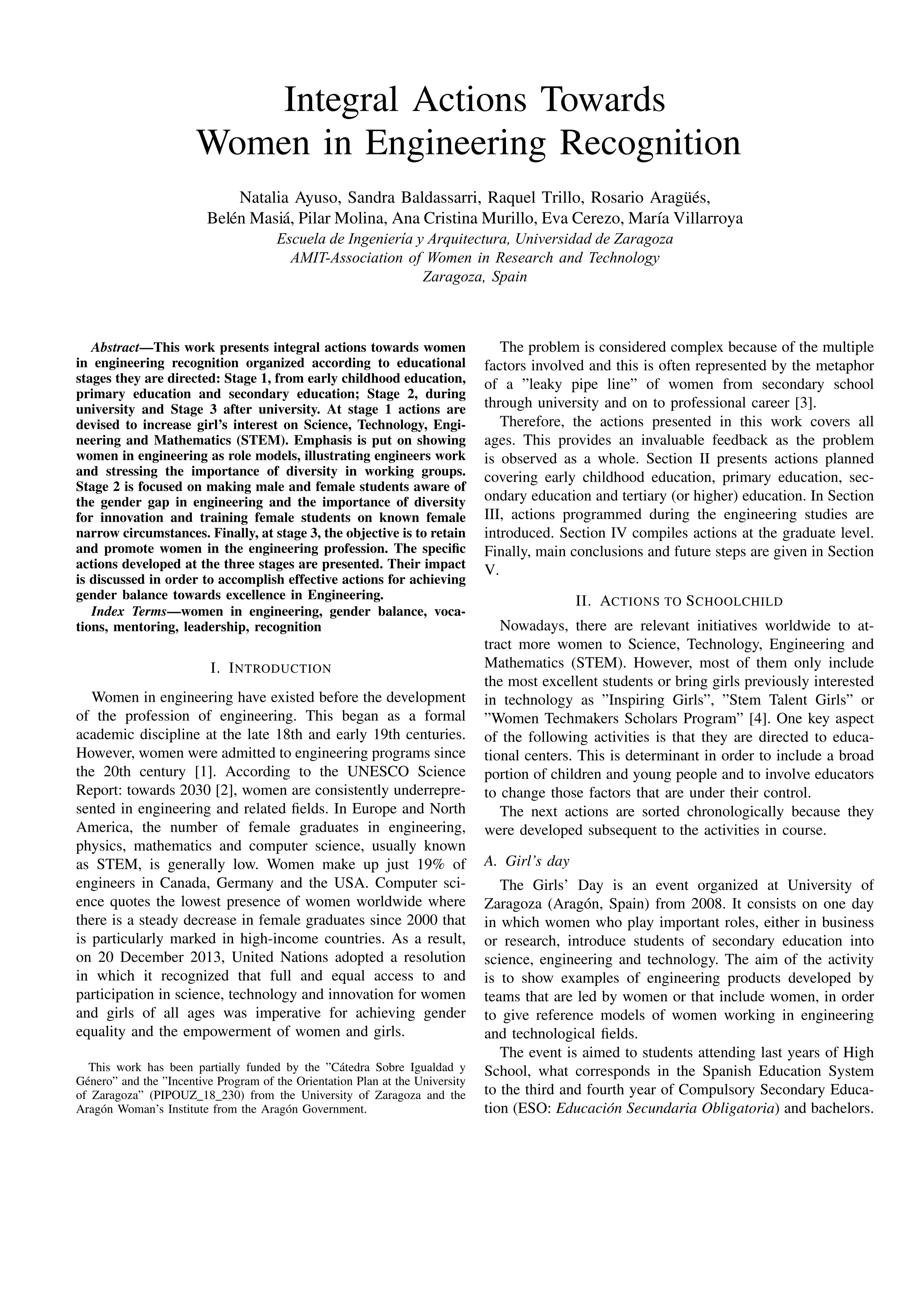 Integral Actions Towards Women in Engineering Recognition