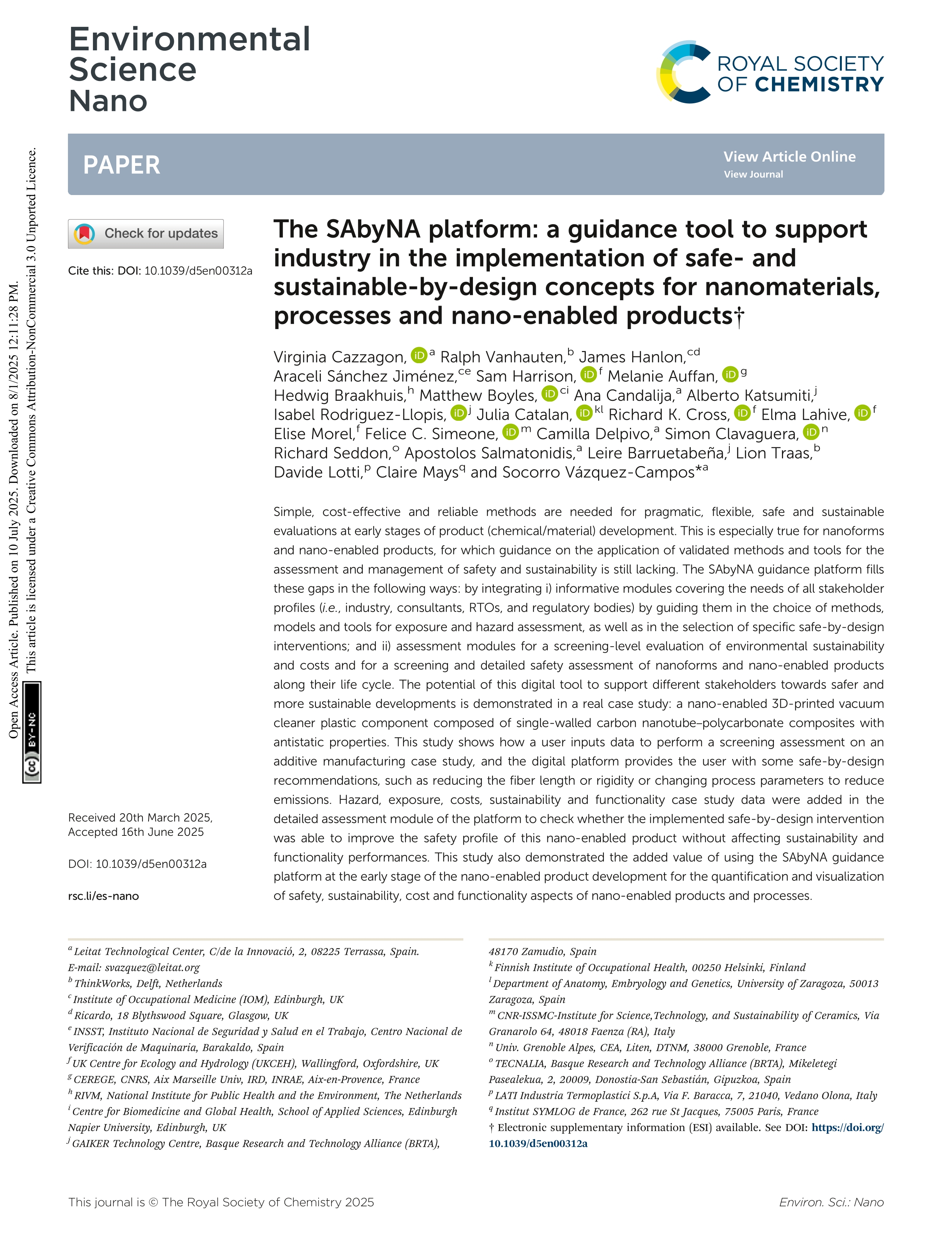 The SAbyNA platform: a guidance tool to support industry in the implementation of safe- and sustainable-by-design concepts for nanomaterials, processes and nano-enabled products