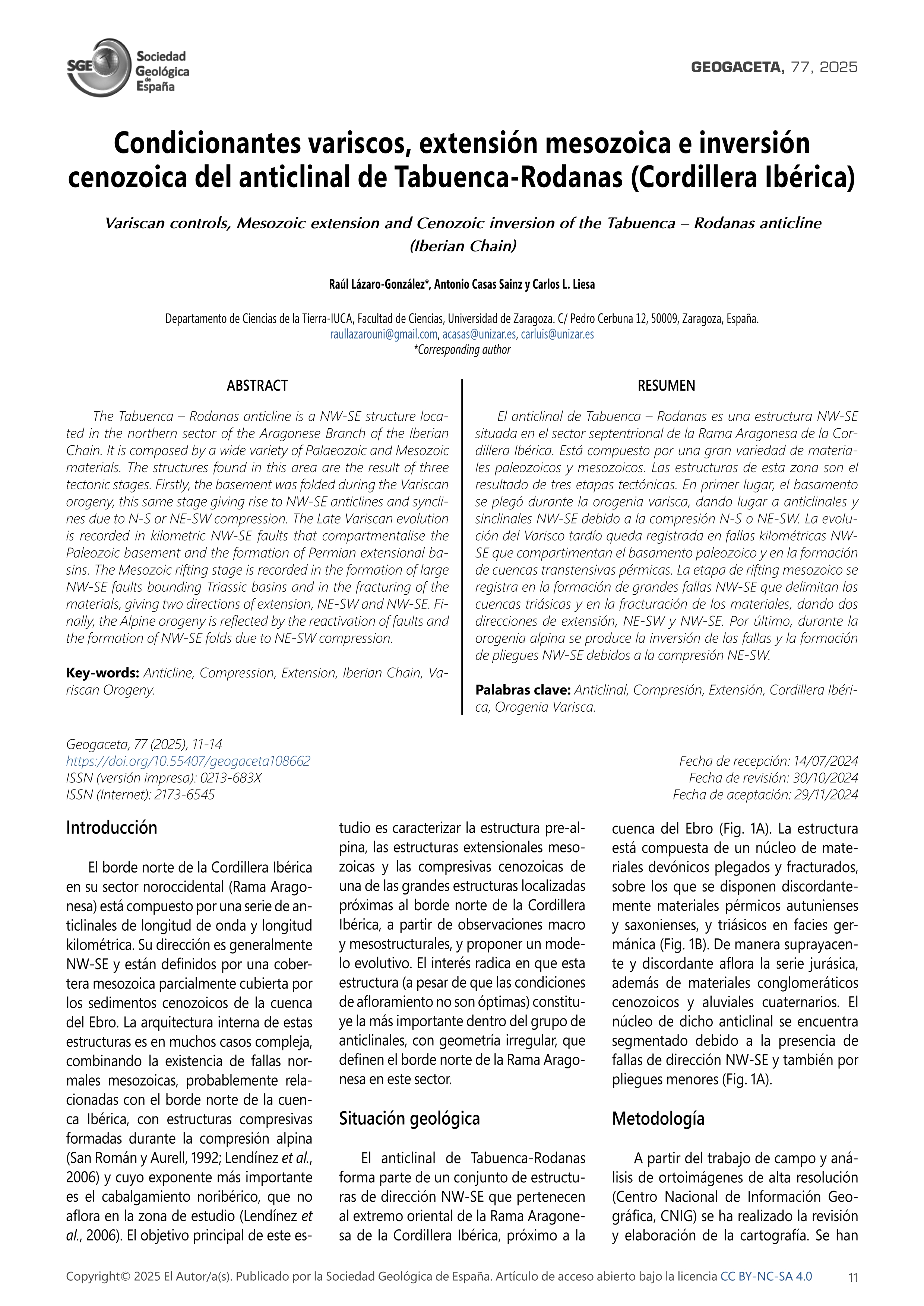 Condicionantes variscos, extensión mesozoica e inversión cenozoica del anticlinal de Tabuenca-Rodanas (Cordillera Ibérica)