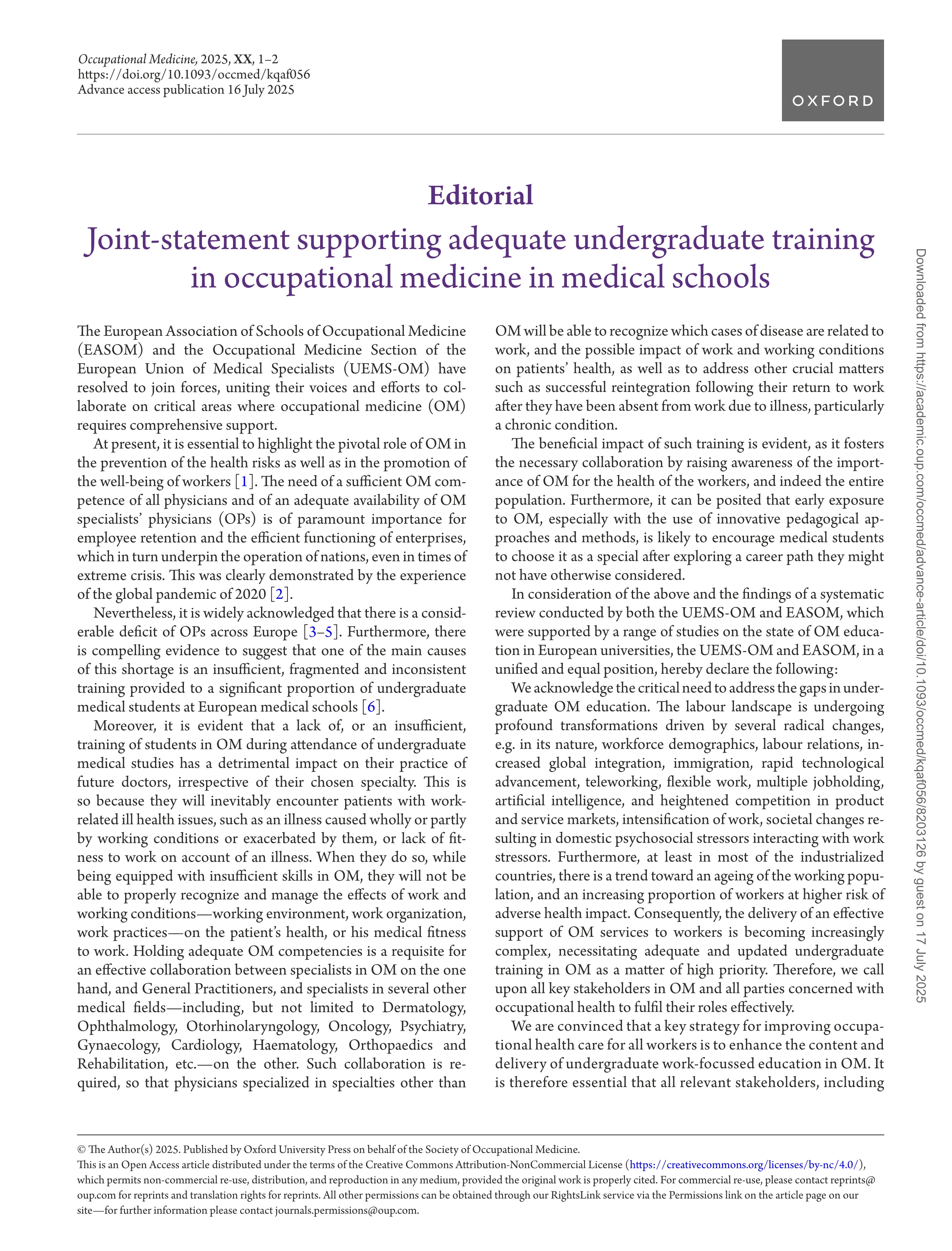 Joint-statement supporting adequate undergraduate training in occupational medicine in medical schools