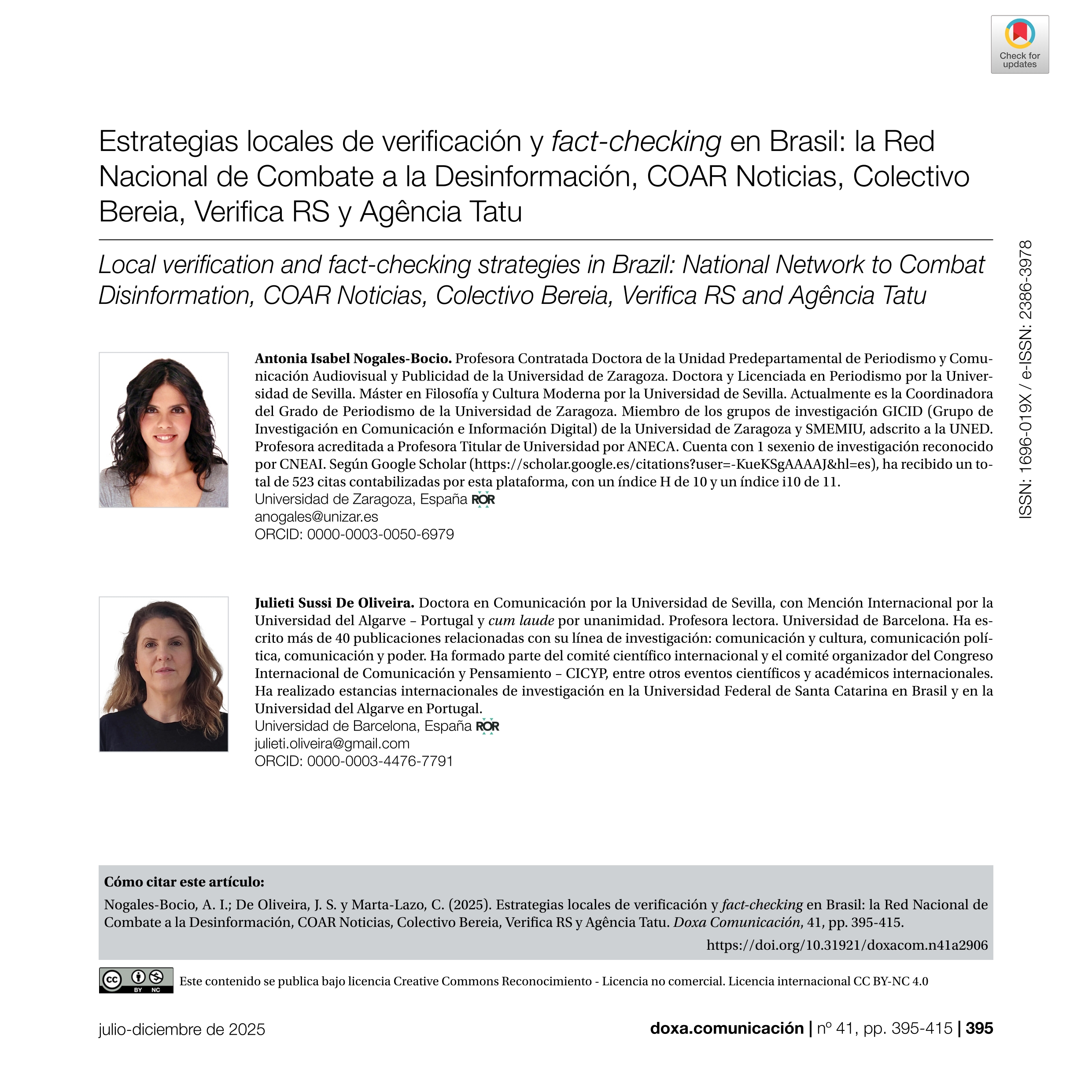 Estrategias locales de verificación y fact-checking en Brasil: la Red Nacional de Combate a la Desinformación, COAR Noticias, Colectivo Bereia, Verifica RS y Agência Tatu
