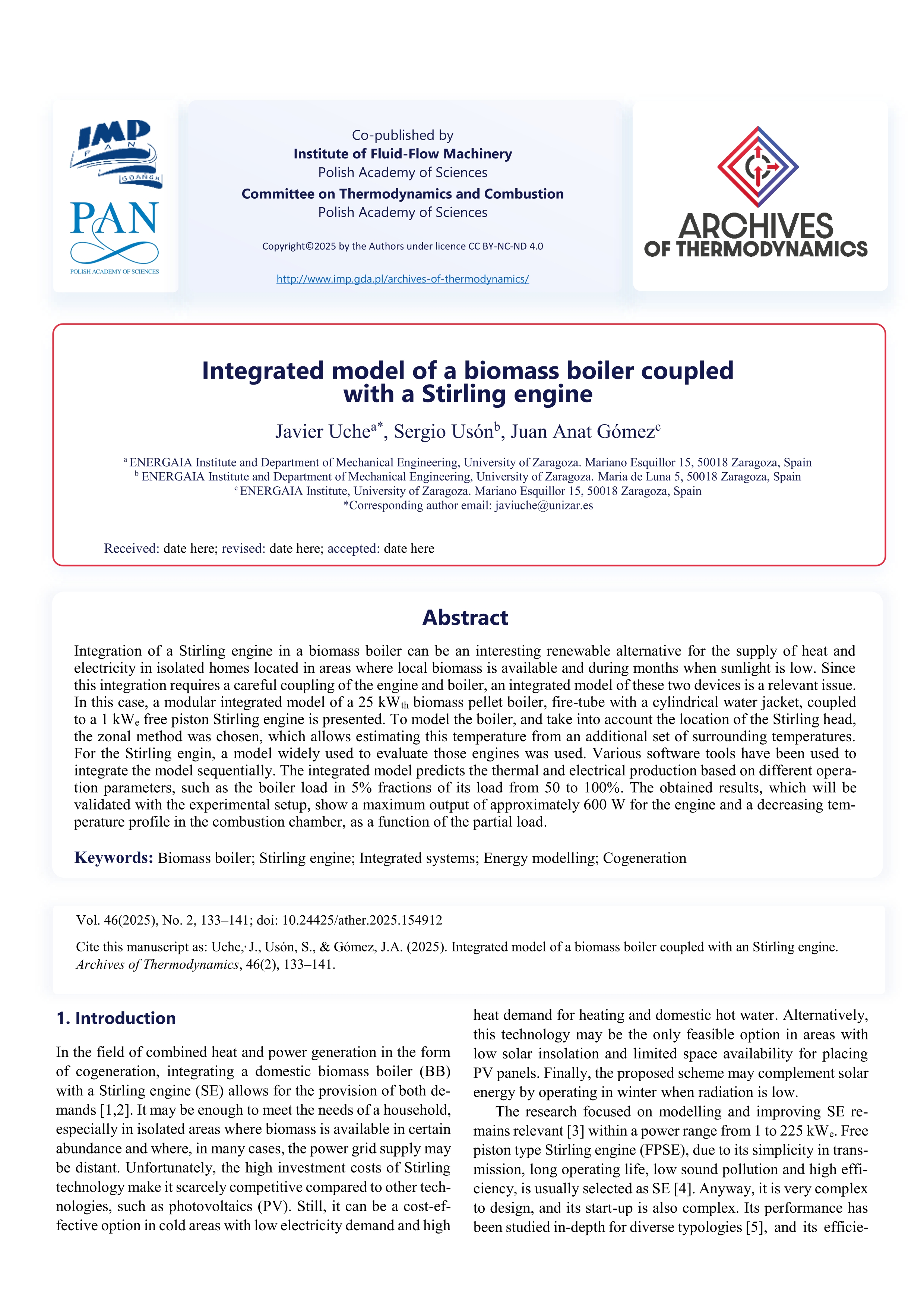 Integrated model of a biomass boiler coupled with a Stirling engine