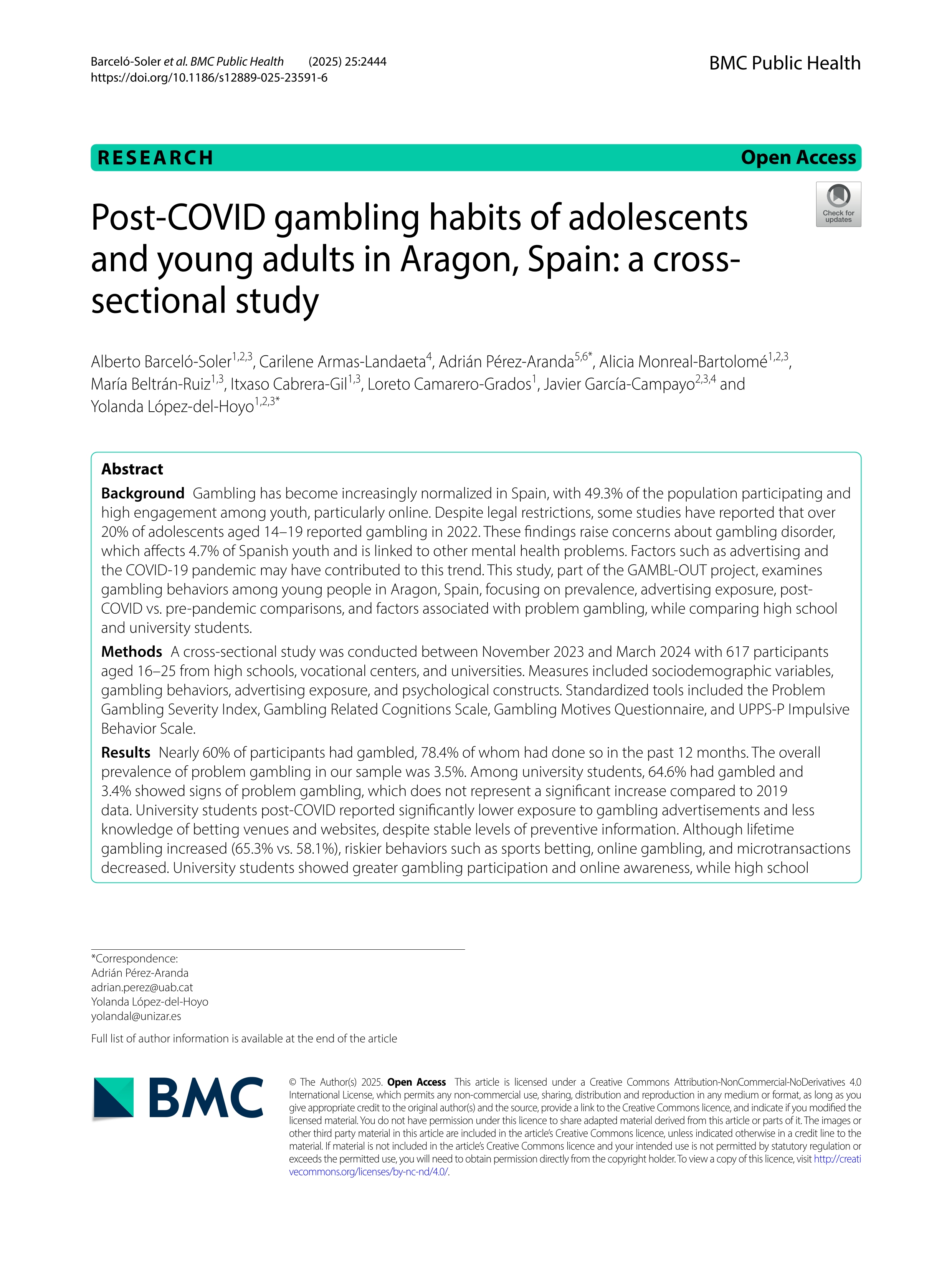 Post-COVID gambling habits of adolescents and young adults in Aragon, Spain: a cross-sectional study