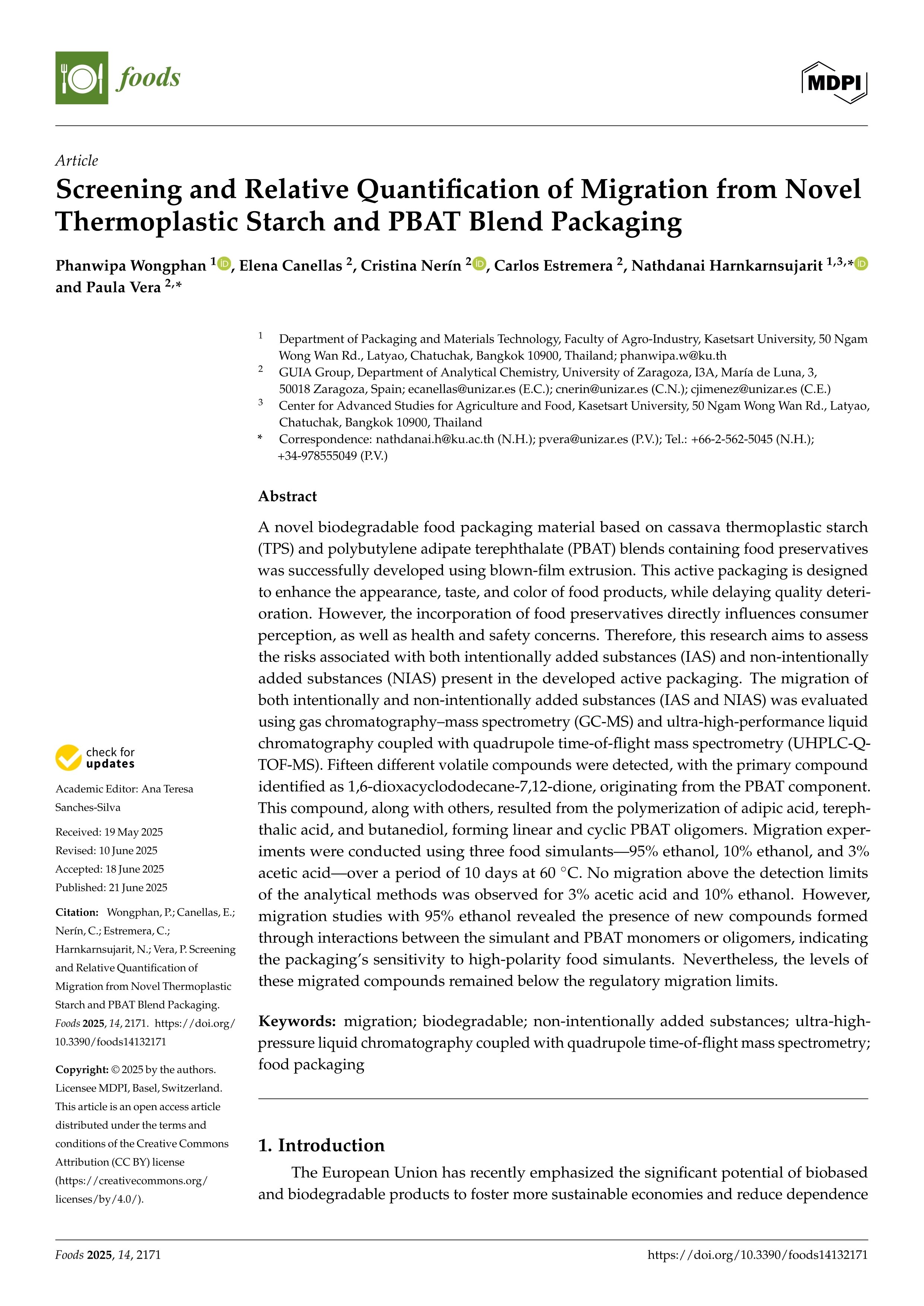 Screening and Relative Quantification of Migration from Novel Thermoplastic Starch and PBAT Blend Packaging