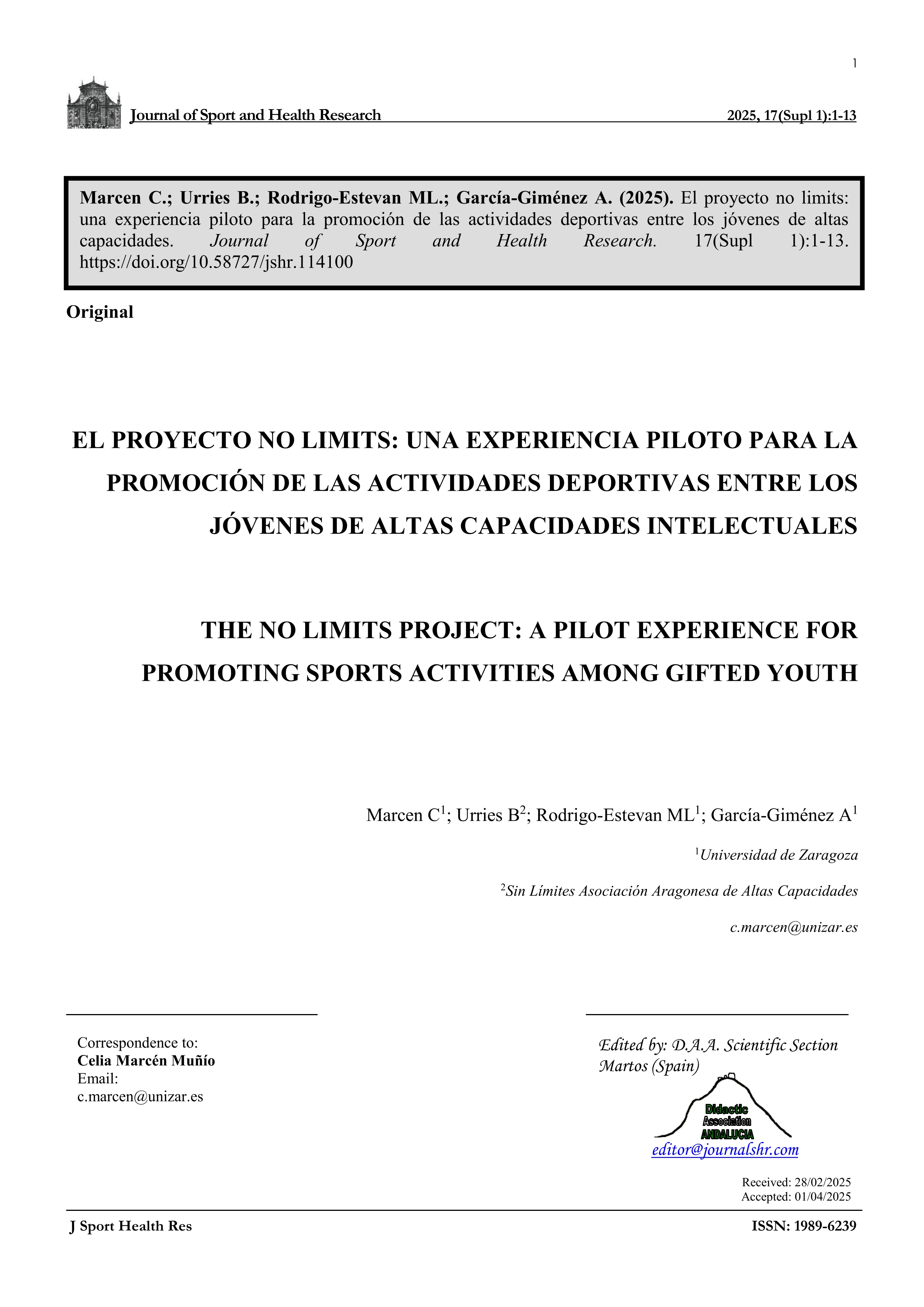 The No Limits project: a pilot experience for promoting sports activities among gifted youth