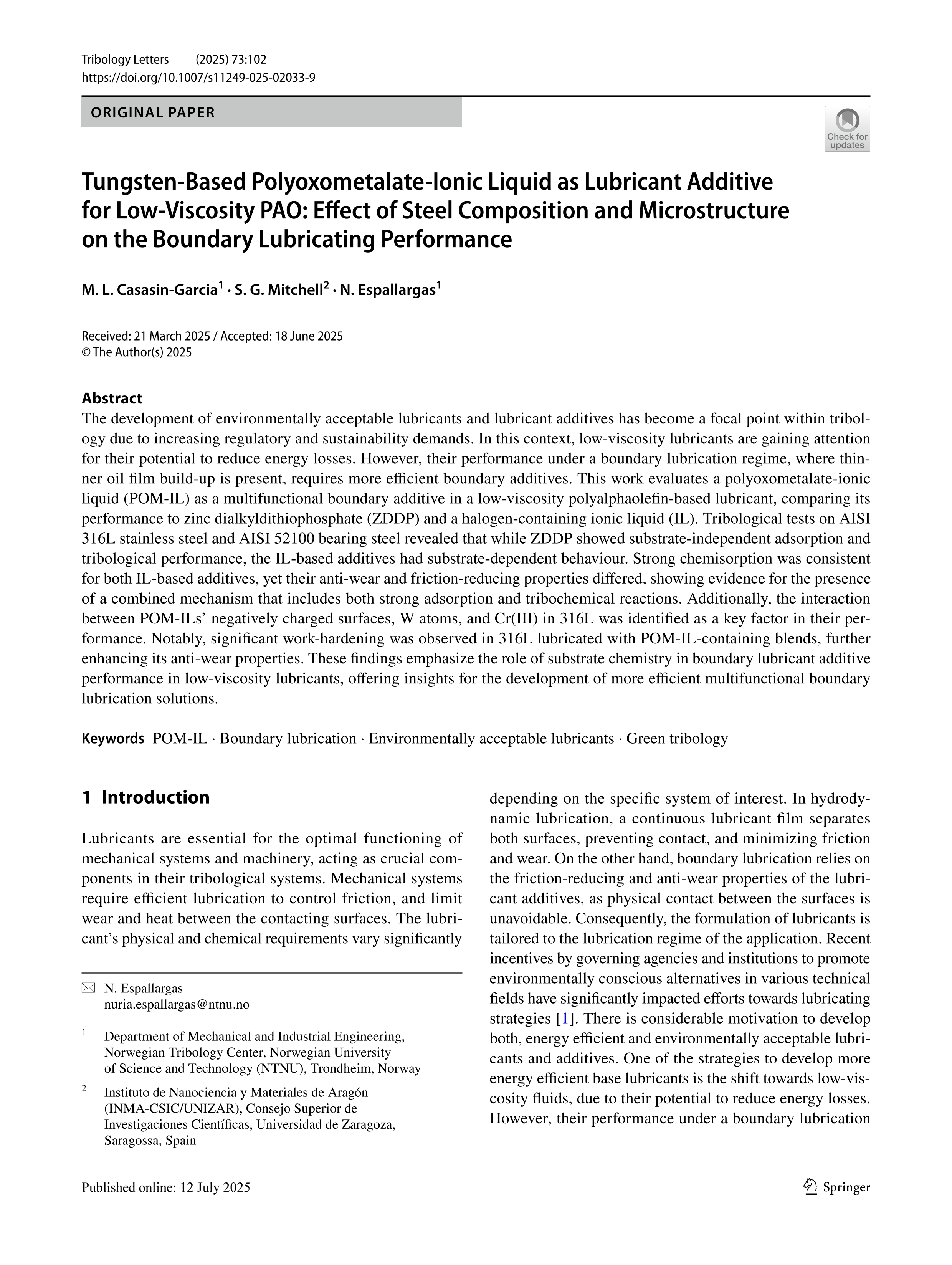 Tungsten-Based Polyoxometalate-Ionic Liquid as Lubricant Additive for Low-Viscosity PAO: Effect of Steel Composition and Microstructure on the Boundary Lubricating Performance