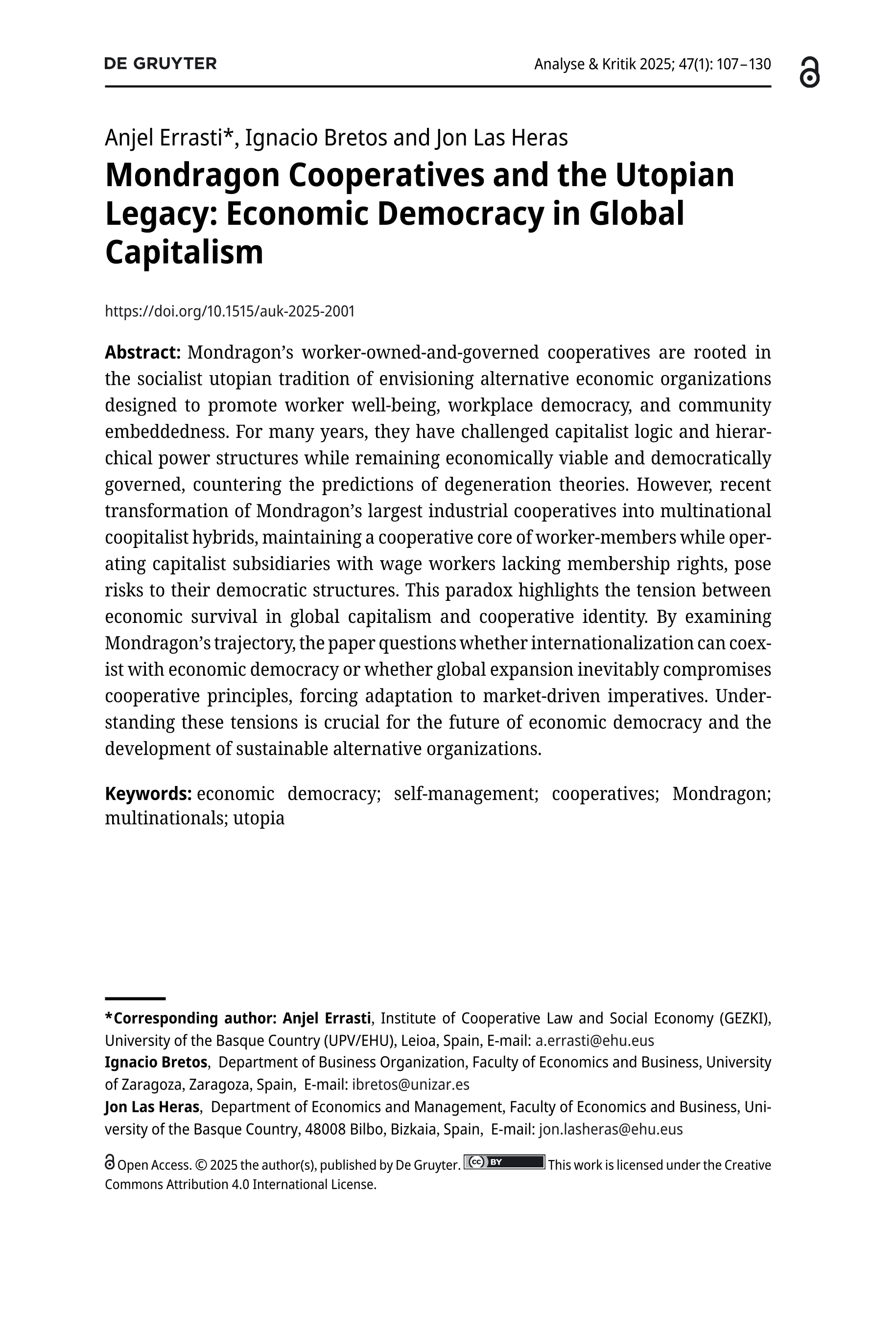 Mondragon Cooperatives and the Utopian Legacy: Economic Democracy in Global Capitalism