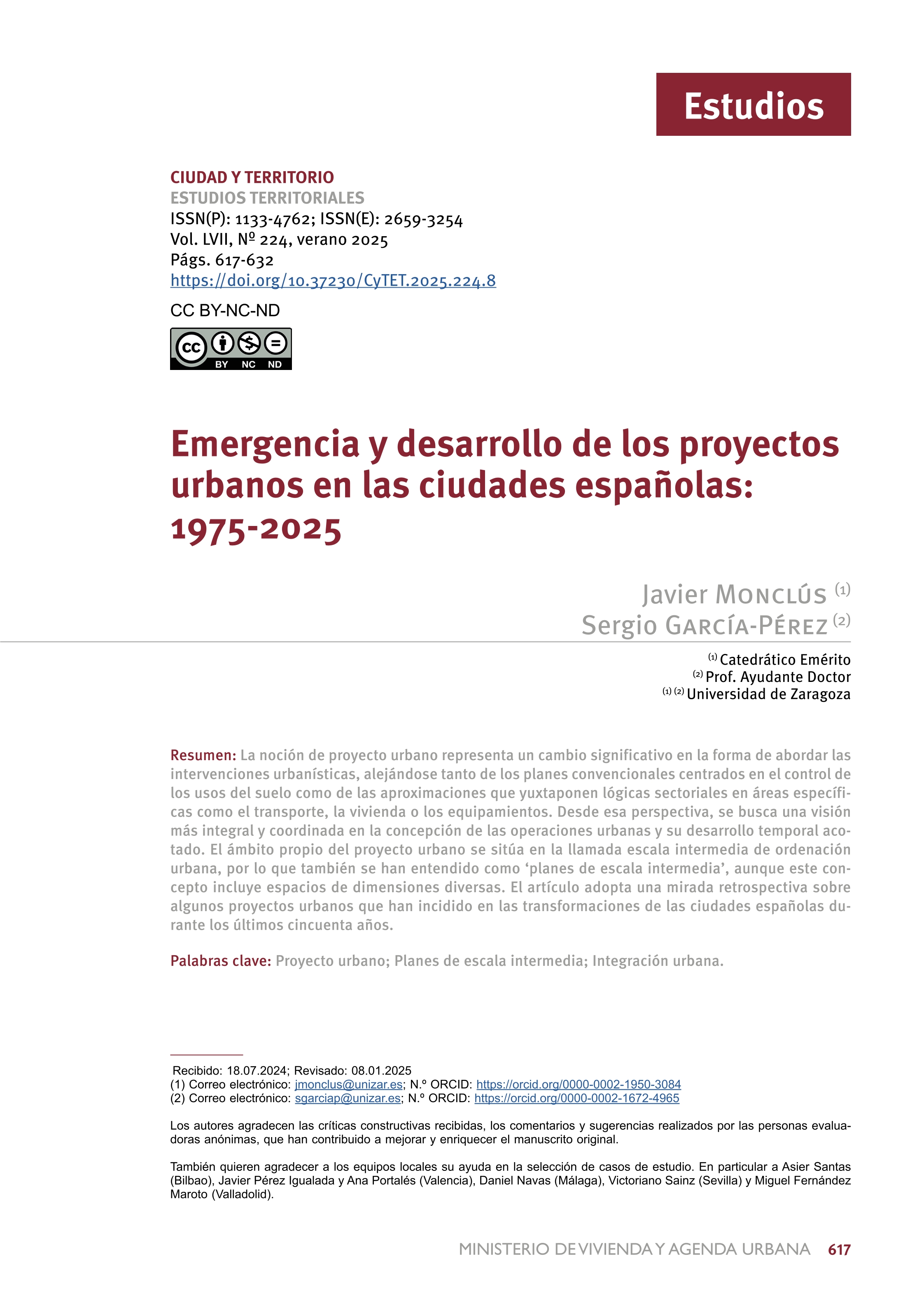 Emergencia y desarrollo de los proyectos urbanos en las ciudades españolas: 1975-2025