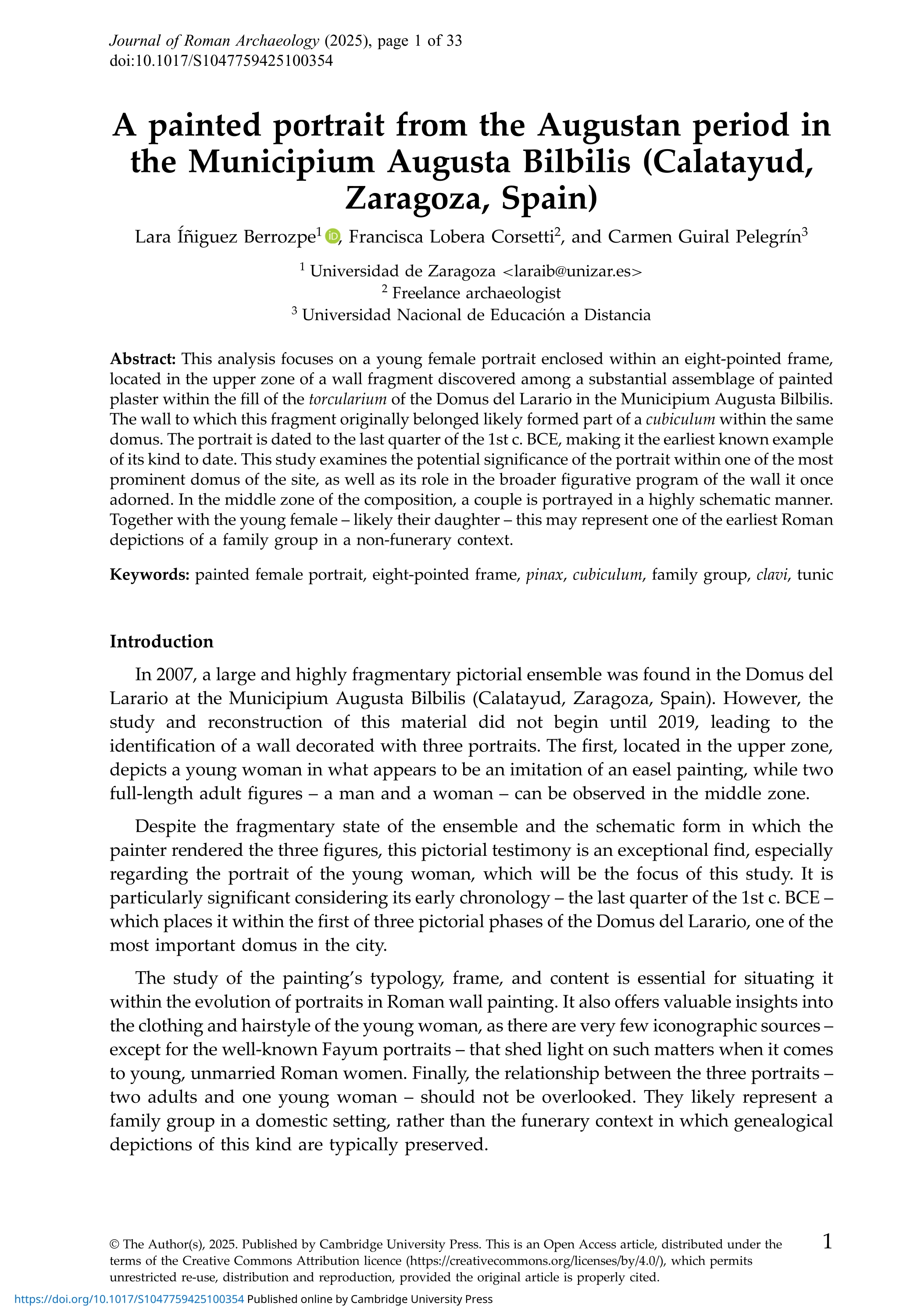 A painted portrait from the Augustan period in the Municipium Augusta Bilbilis (Calatayud, Zaragoza, Spain)