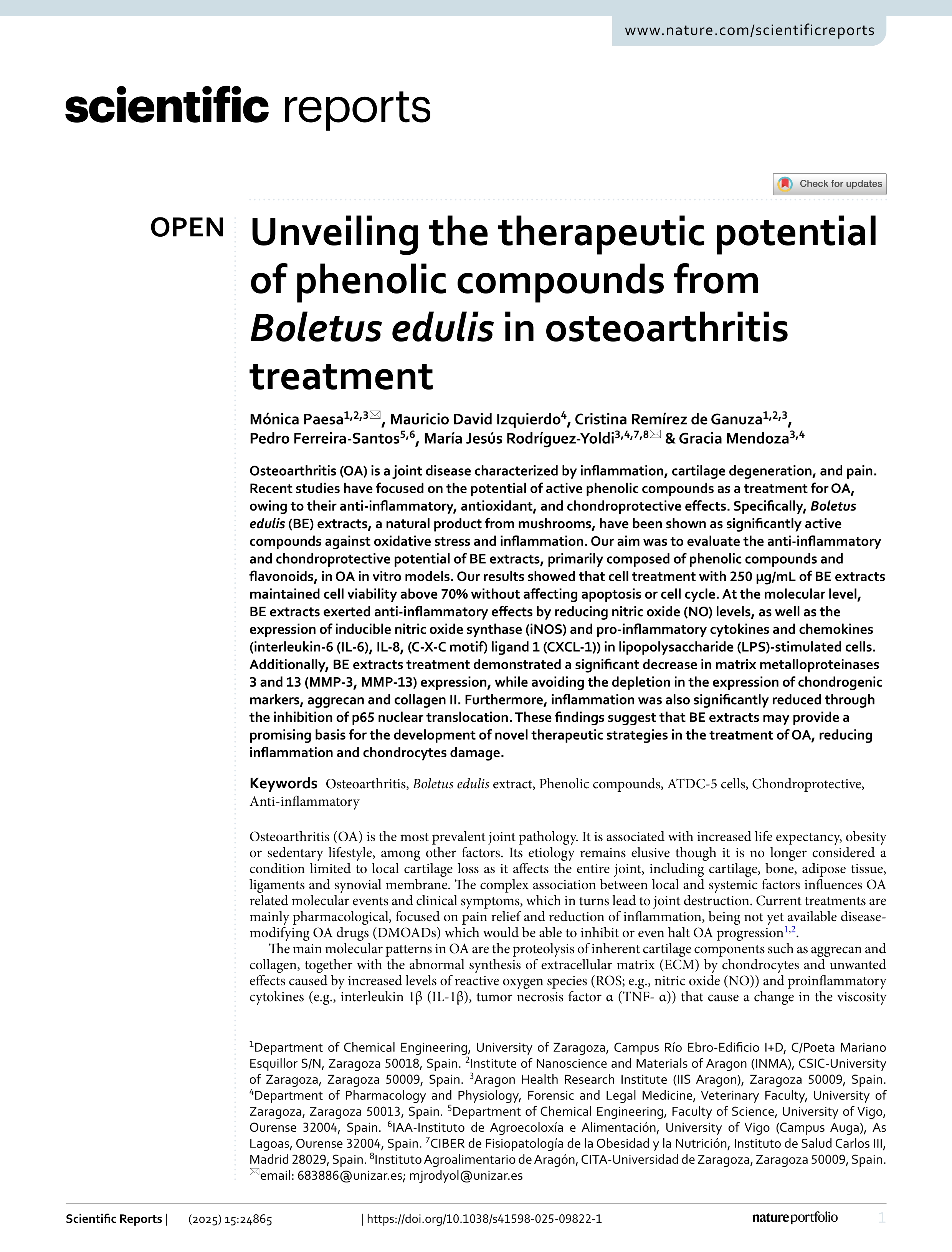 Unveiling the therapeutic potential of phenolic compounds from Boletus edulis in osteoarthritis treatment