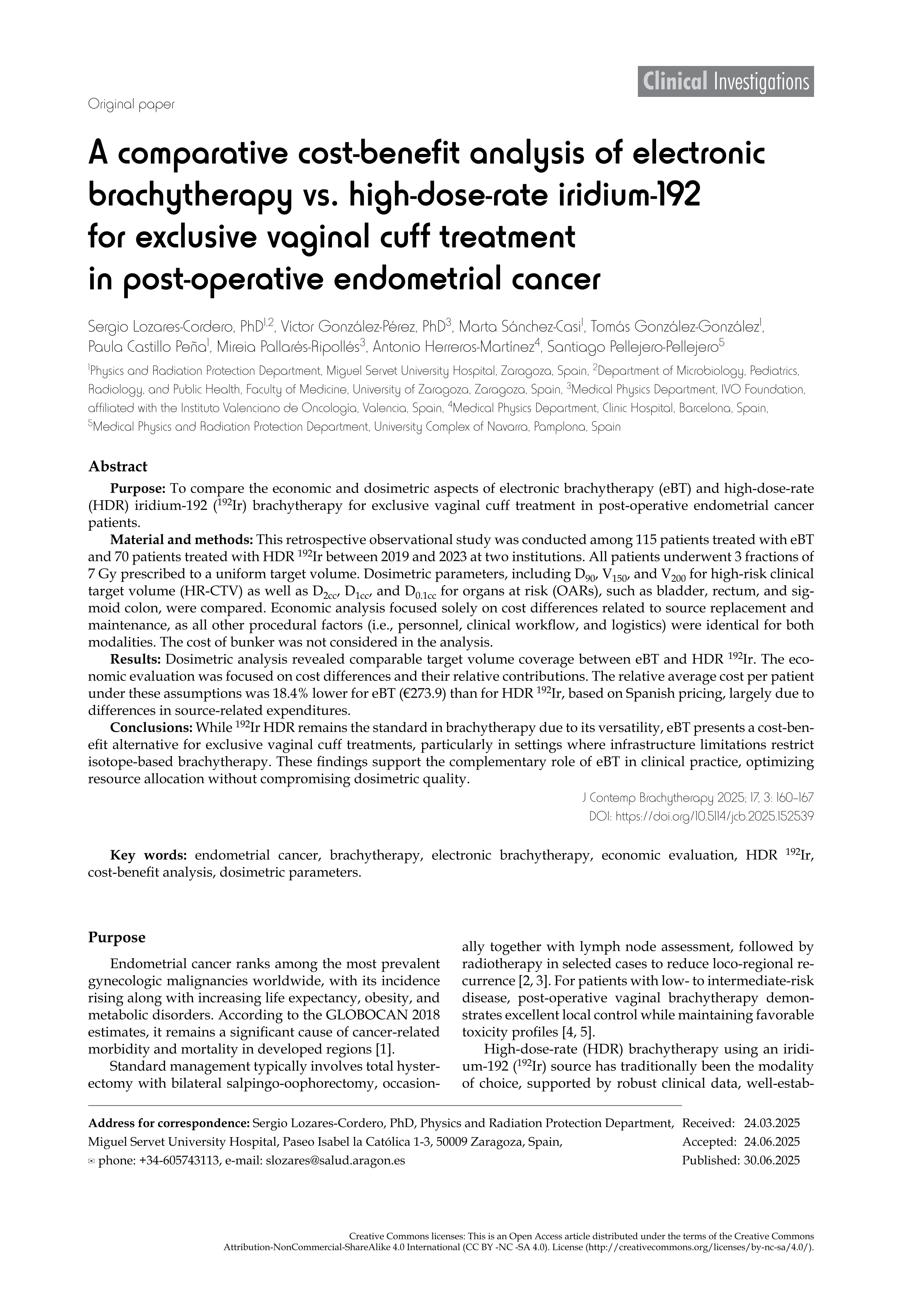 A comparative cost-benefit analysis of electronic brachytherapy vs. high-dose-rate iridium-192 for exclusive vaginal cuff treatment in post-operative endometrial cancer
