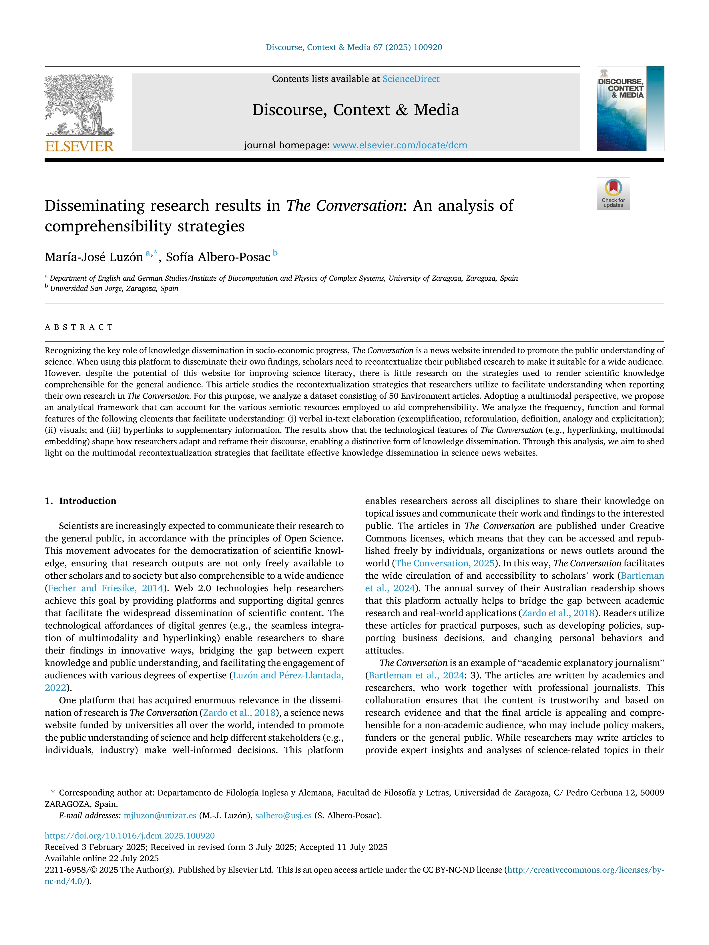 Disseminating research results in The Conversation: An analysis of comprehensibility strategies