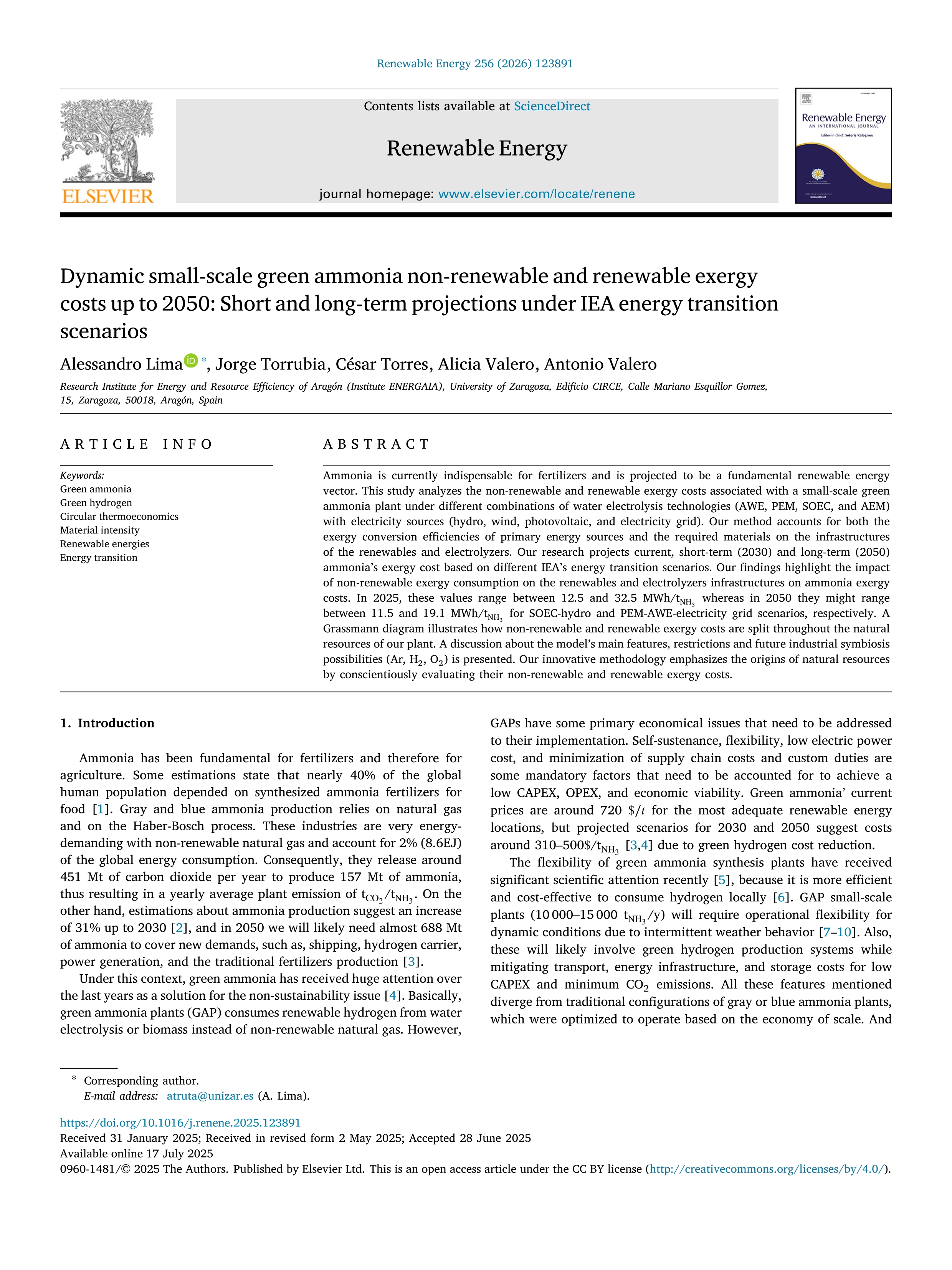 Dynamic small-scale green ammonia non-renewable and renewable exergy costs up to 2050: Short and long-term projections under IEA energy transition scenarios
