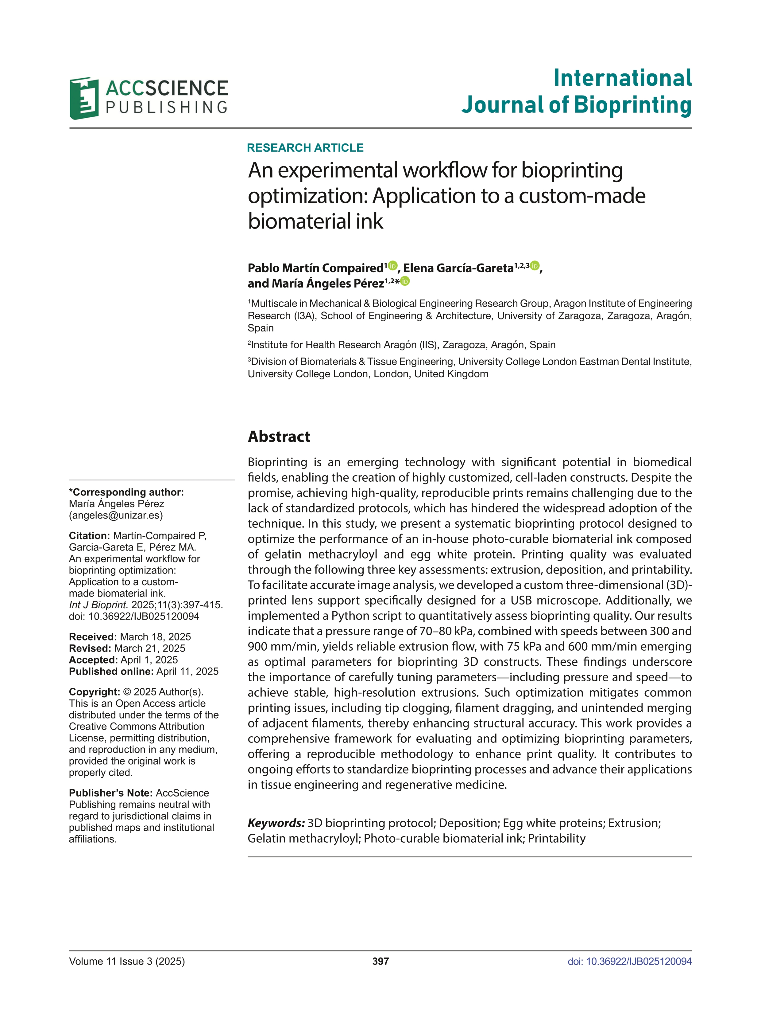 An experimental workflow for bioprinting optimization: Application to a custom-made biomaterial ink