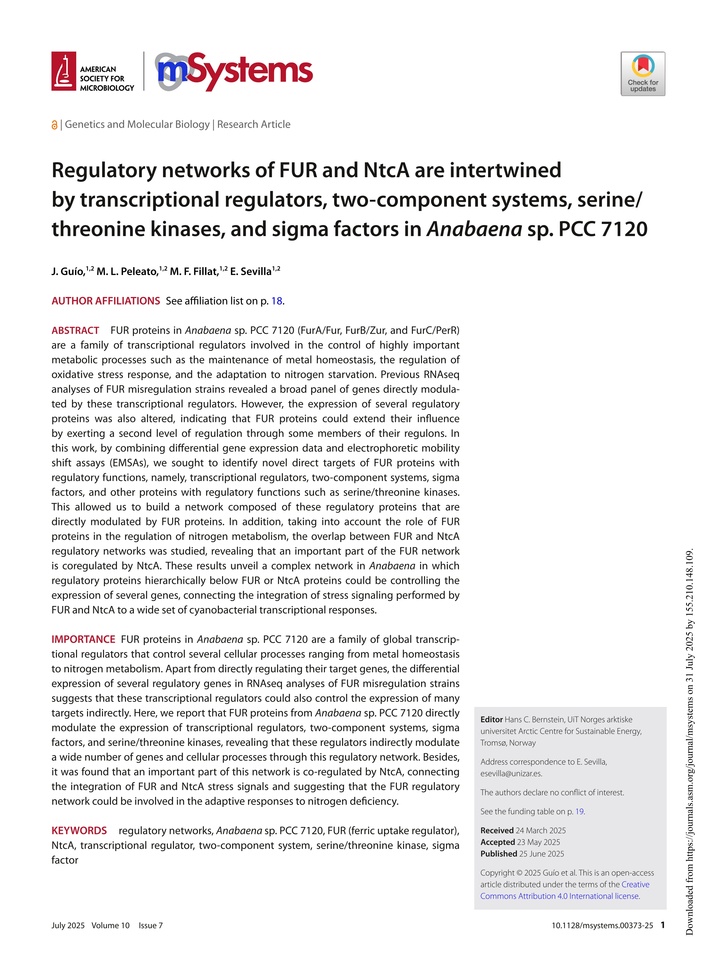 Regulatory networks of FUR and NtcA are intertwined by transcriptional regulators, two-component systems, serine/threonine kinases, and sigma factors in Anabaena sp. PCC 7120