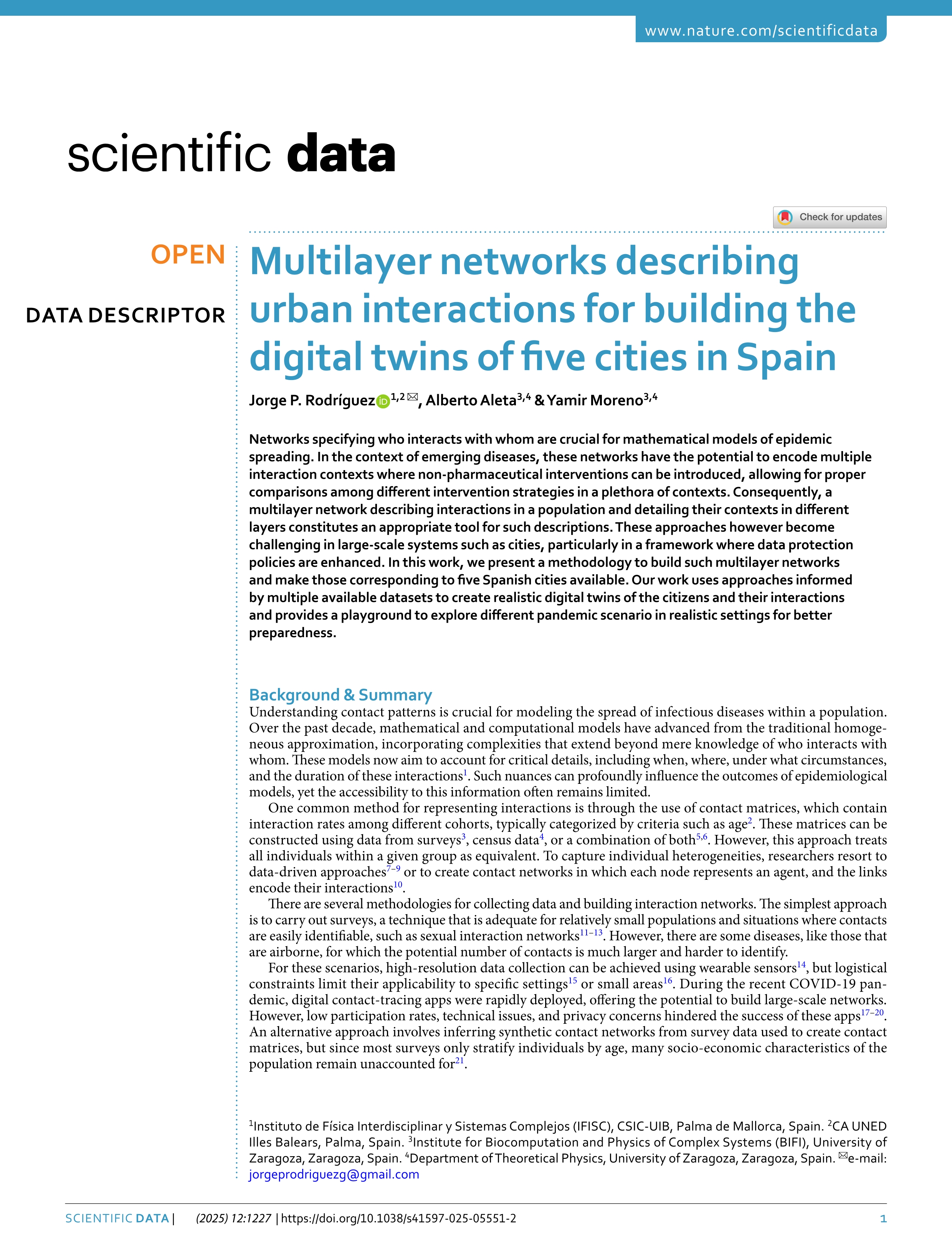 Multilayer networks describing urban interactions for building the digital twins of five cities in Spain