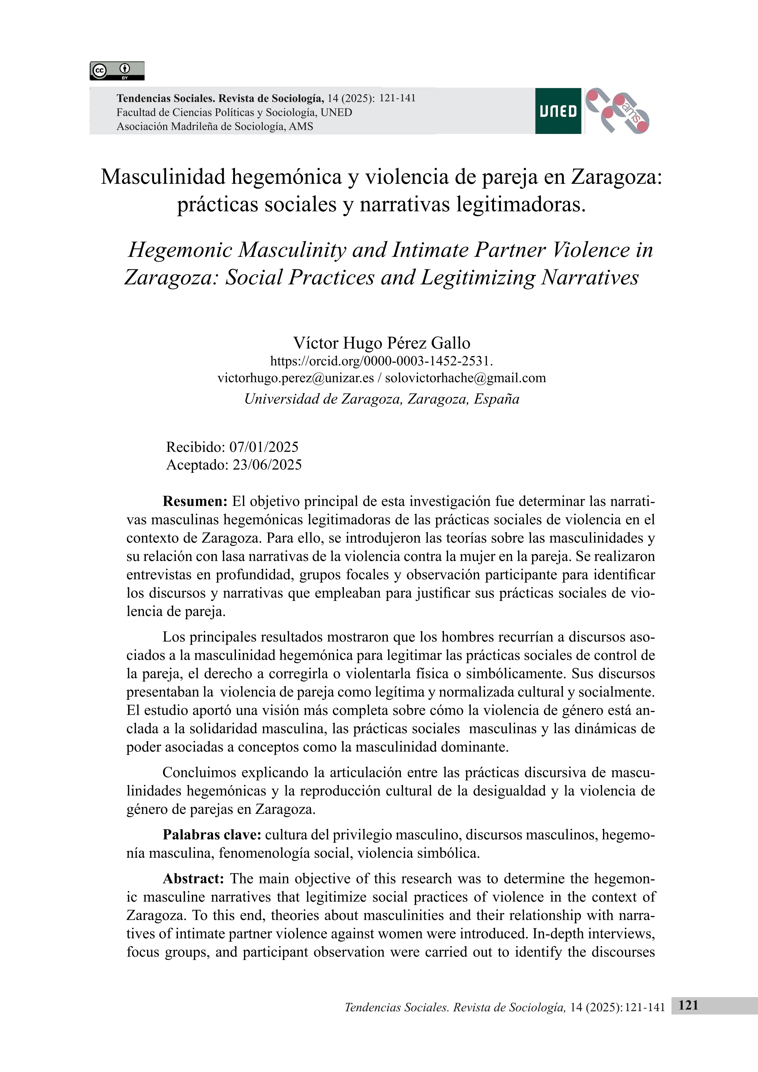 Masculinidad hegemónica y violencia de pareja en Zaragoza: prácticas sociales y narrativas legitimadoras