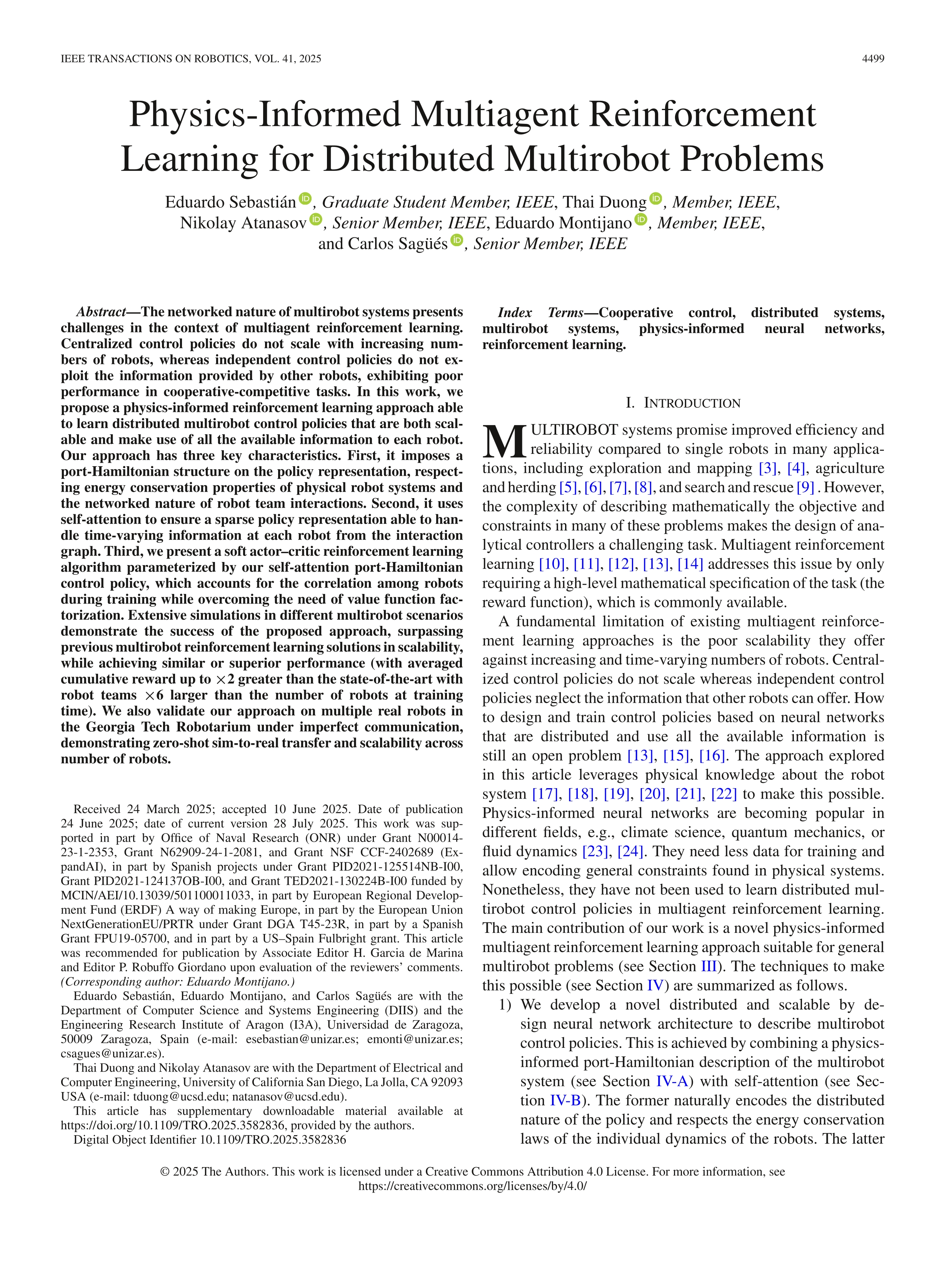 Physics-Informed Multiagent Reinforcement Learning for Distributed Multirobot Problems