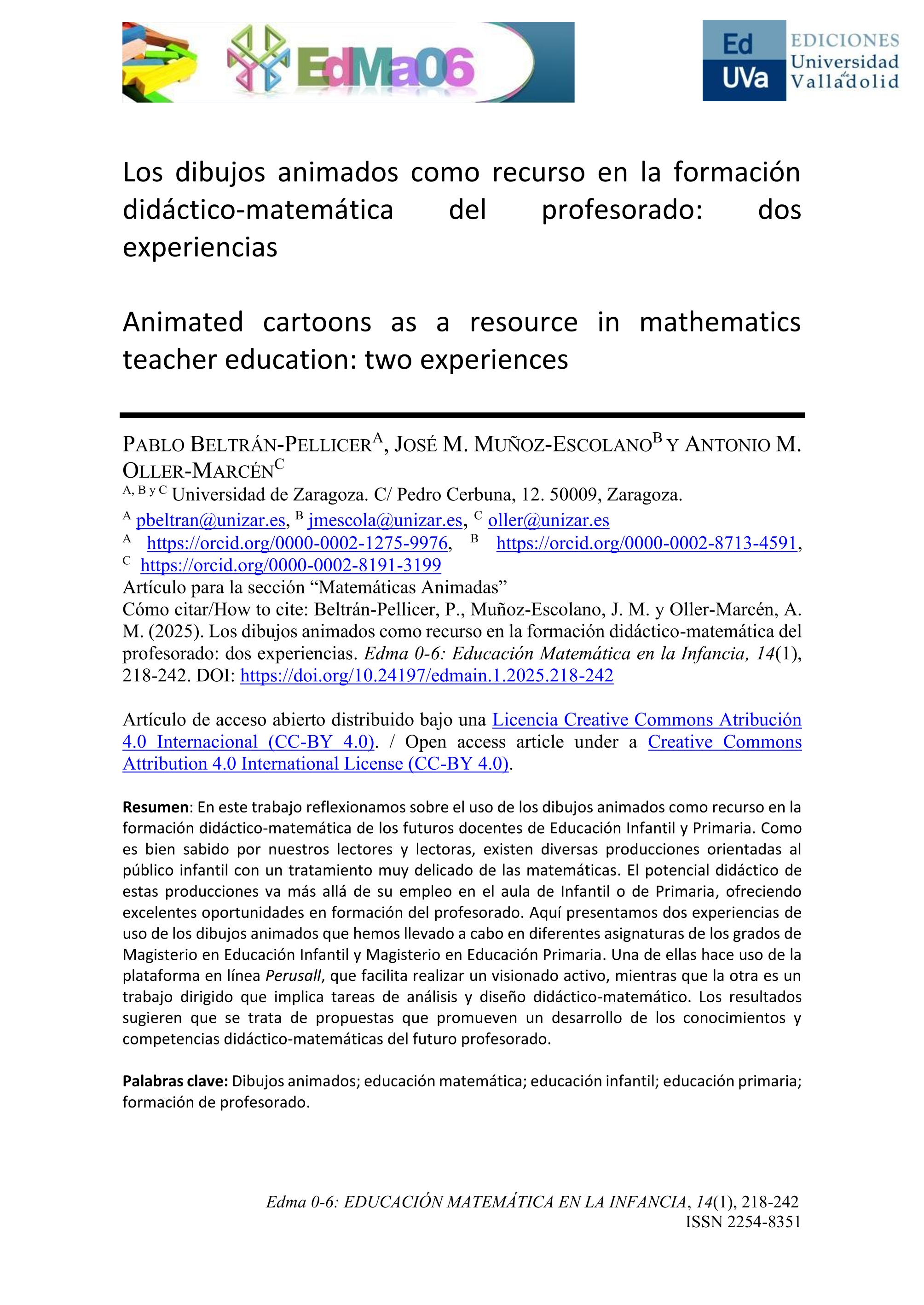 Los dibujos animados como recurso en la formación didáctico-matemática del profesorado: dos experiencias