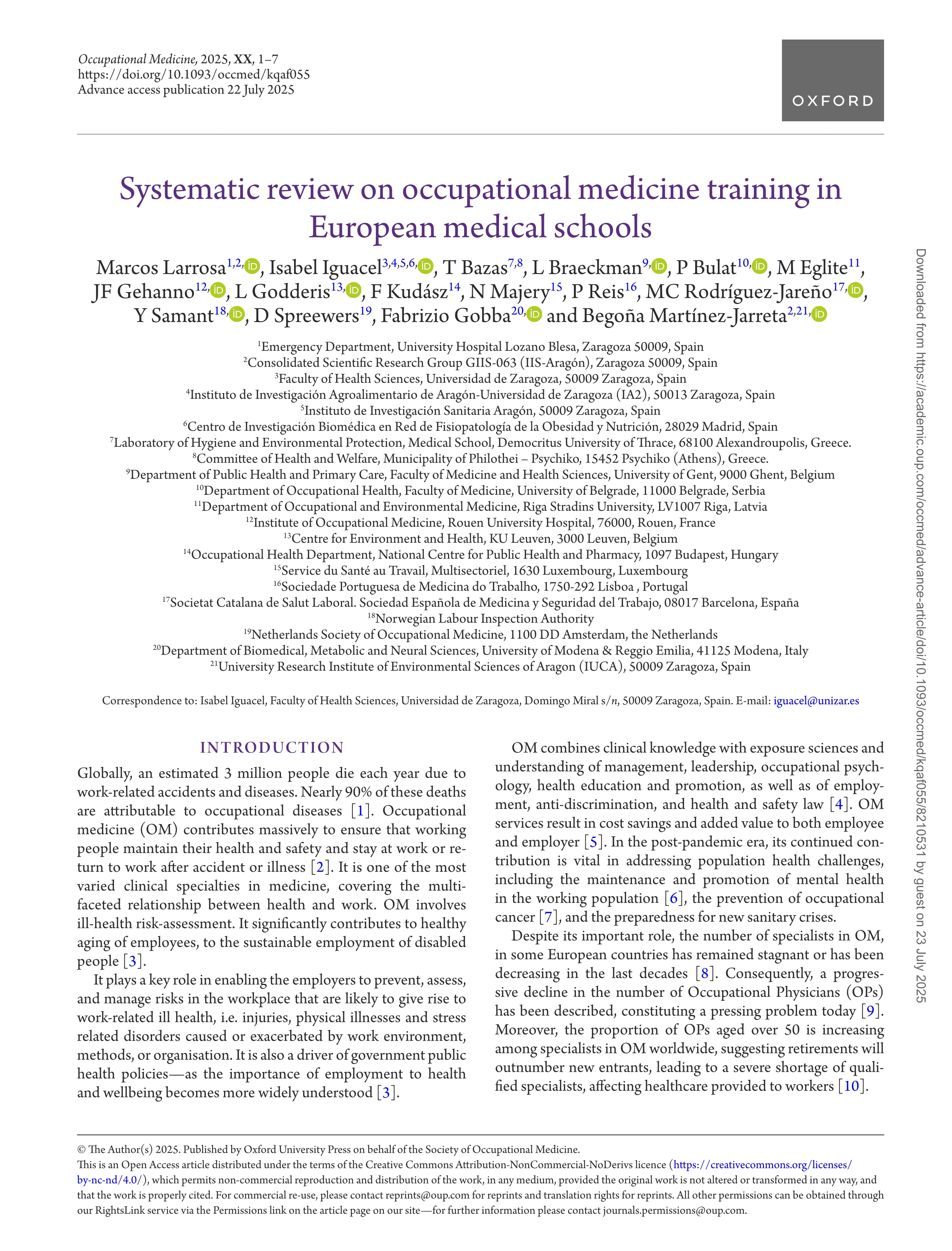 Systematic review on occupational medicine training in European medical schools