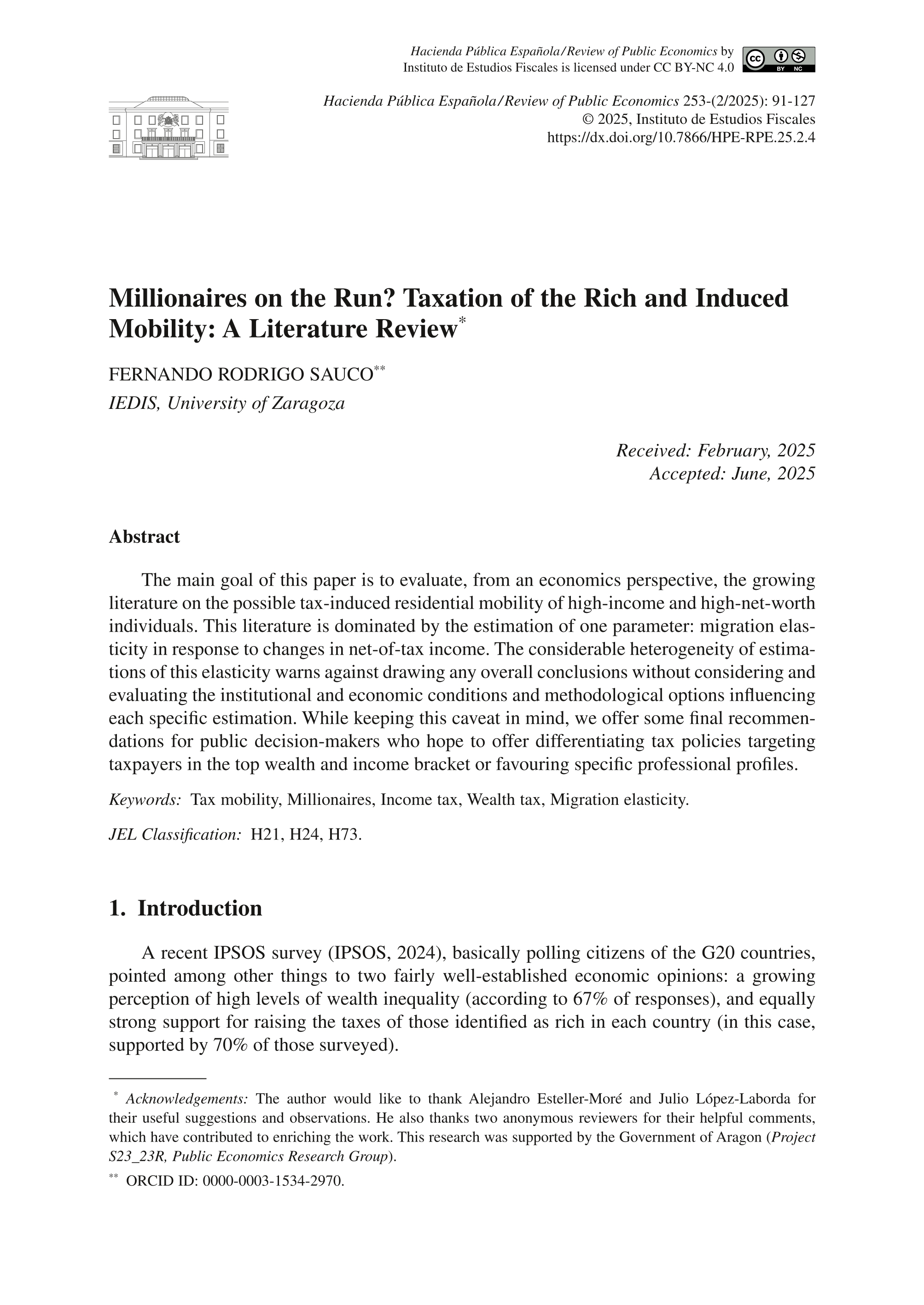 Millionaires on the Run? Taxation of the Rich and Induced Mobility: A Literature Review