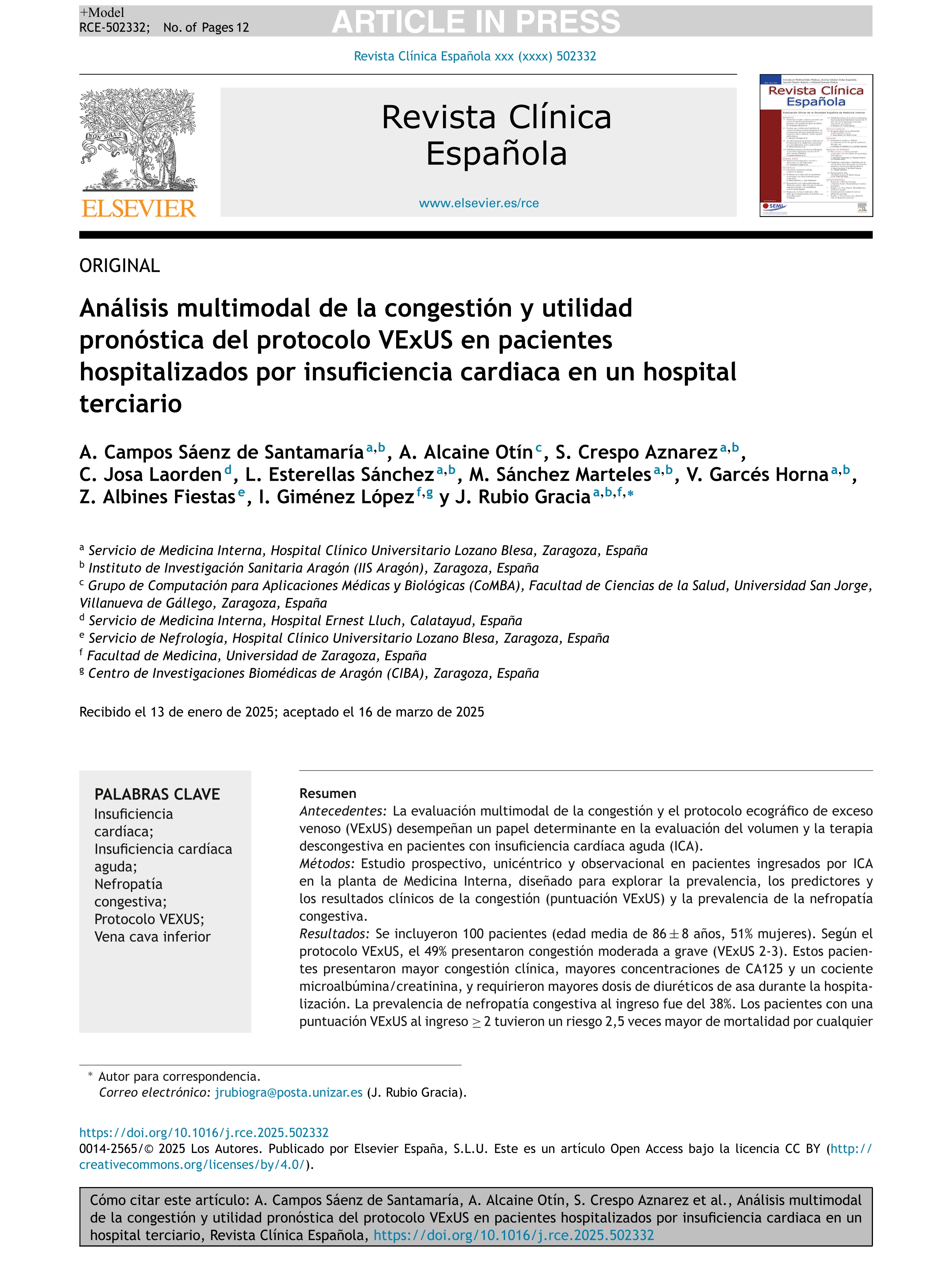 Análisis multimodal de la congestión y utilidad pronóstica del protocolo VExUS en pacientes hospitalizados por insuficiencia cardiaca en un hospital terciario