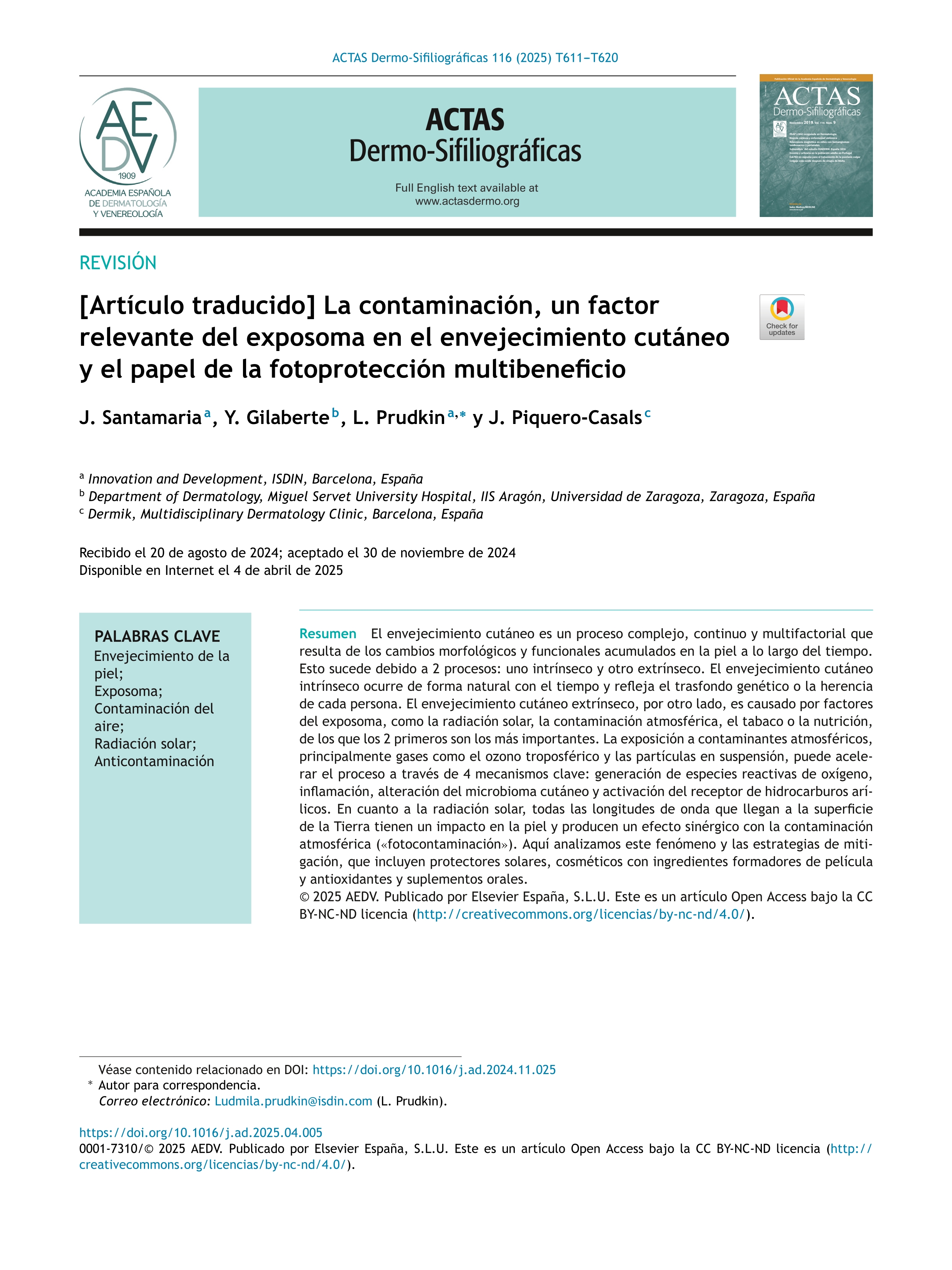 [Artículo traducido] La contaminación, un factor relevante del exposoma en el envejecimiento cutáneo y el papel de la fotoprotección multibeneficio