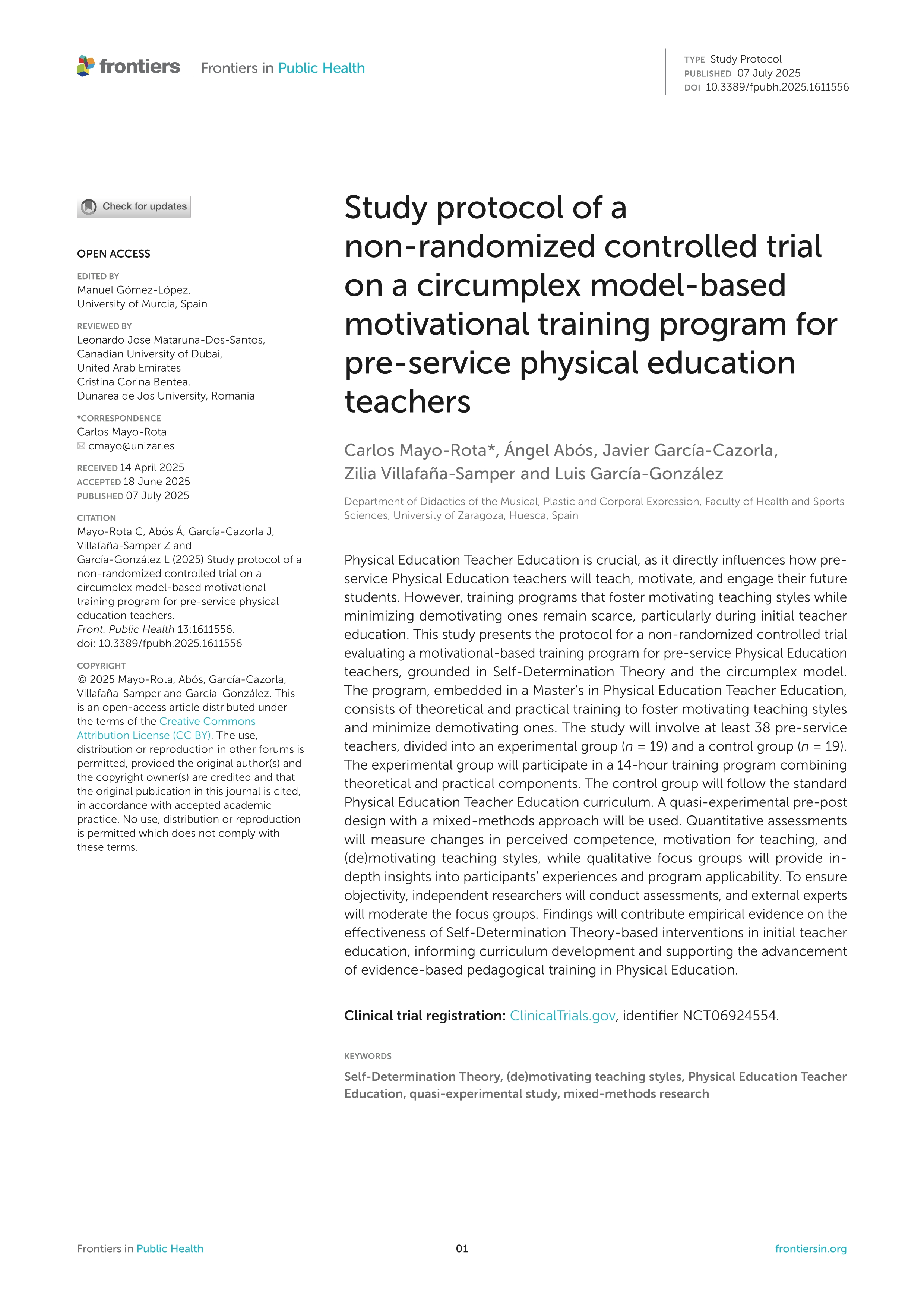 Study protocol of a non-randomized controlled trial on a circumplex model-based motivational training program for pre-service physical education teachers
