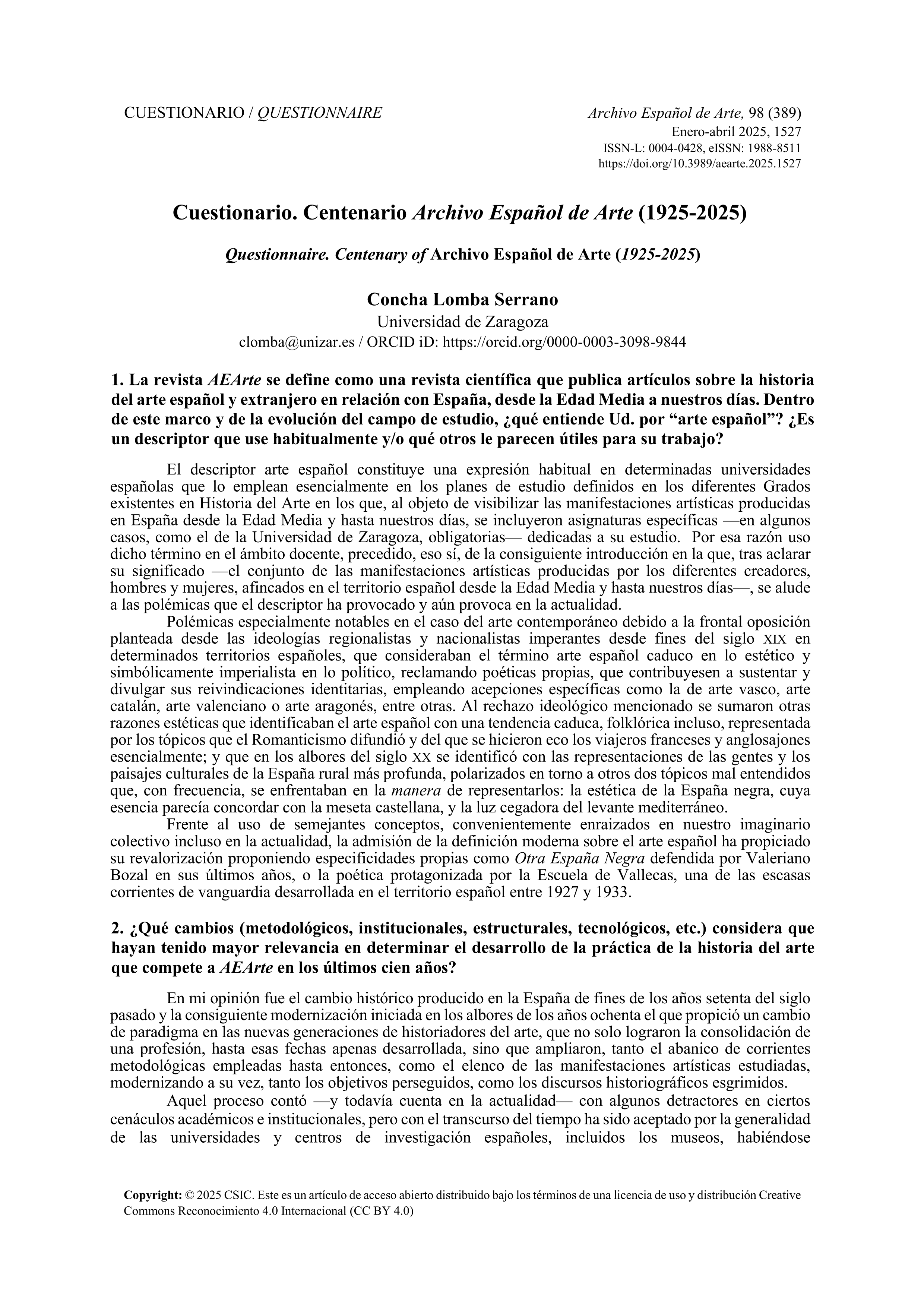 Cuestionario. Centenario Archivo Español de Arte (1925-2025)