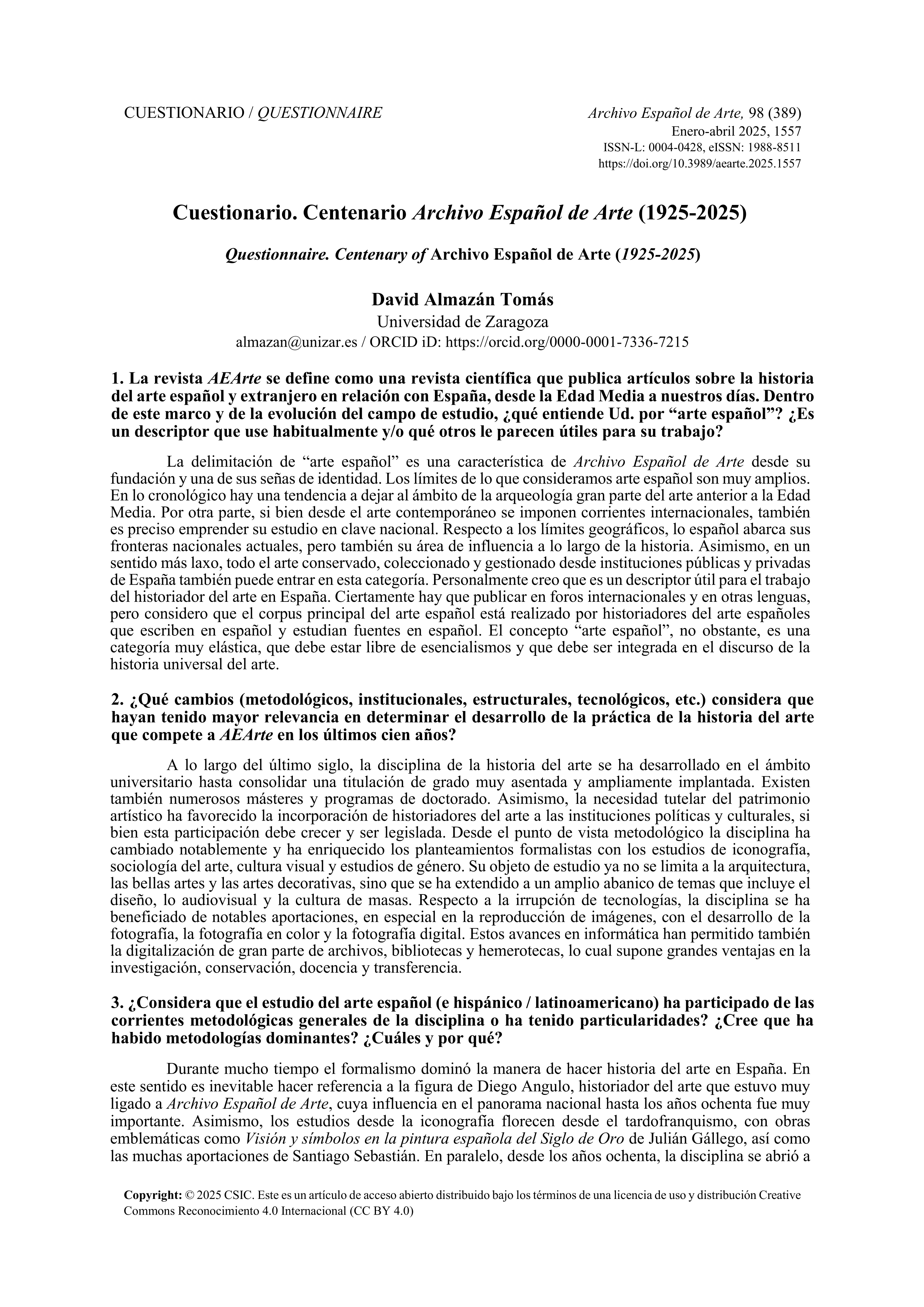Cuestionario. Centenario Archivo Español de Arte (1925-2025)