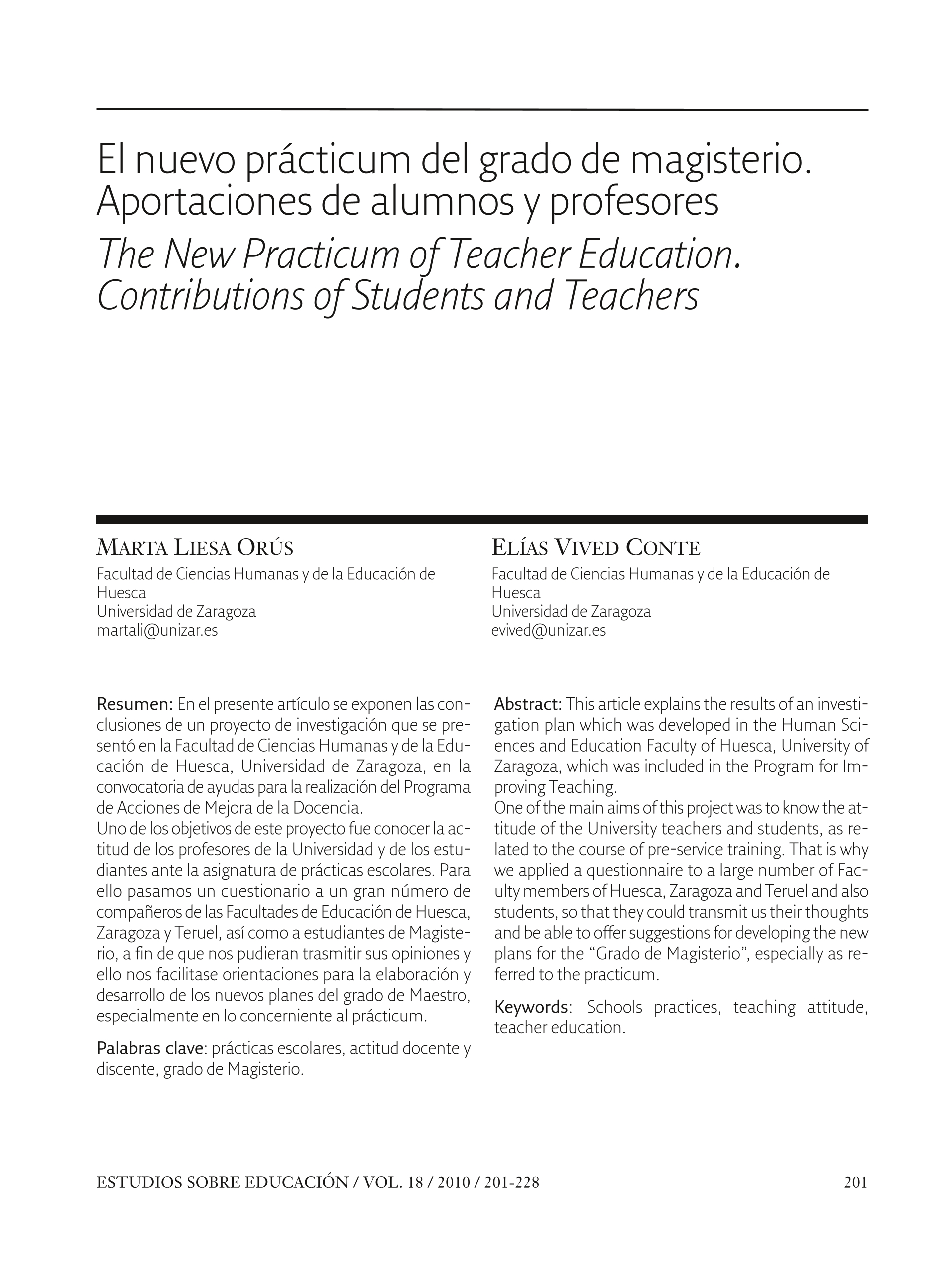 El nuevo prácticum del grado de magisterio: aportaciones de alumnos y profesores