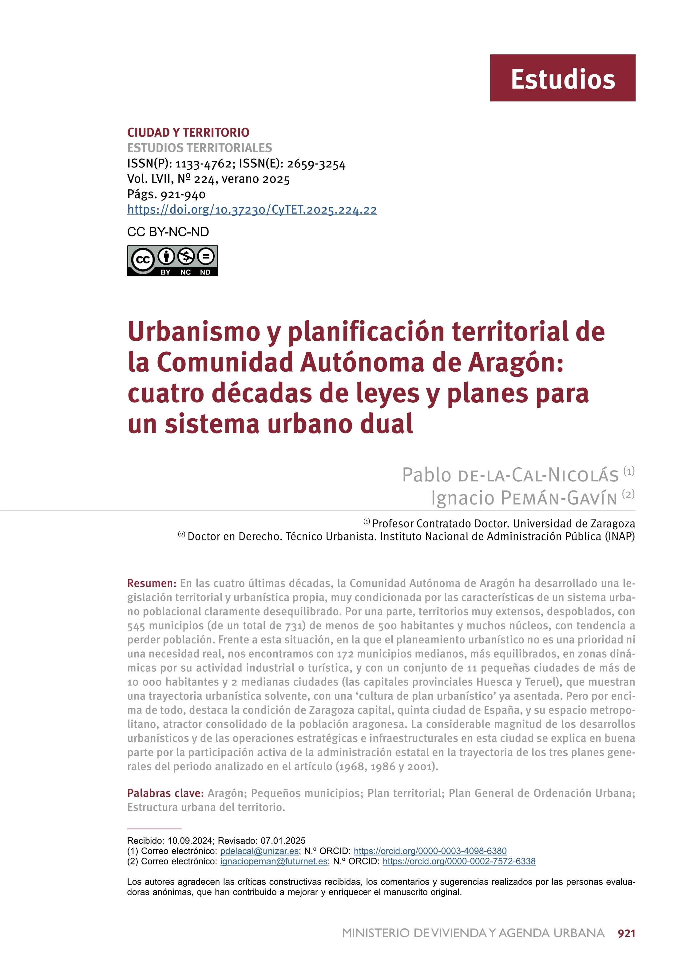 Urbanismo y planificación territorial de la Comunidad Autónoma de Aragón: cuatro décadas de leyes y planes para un sistema urbano dual