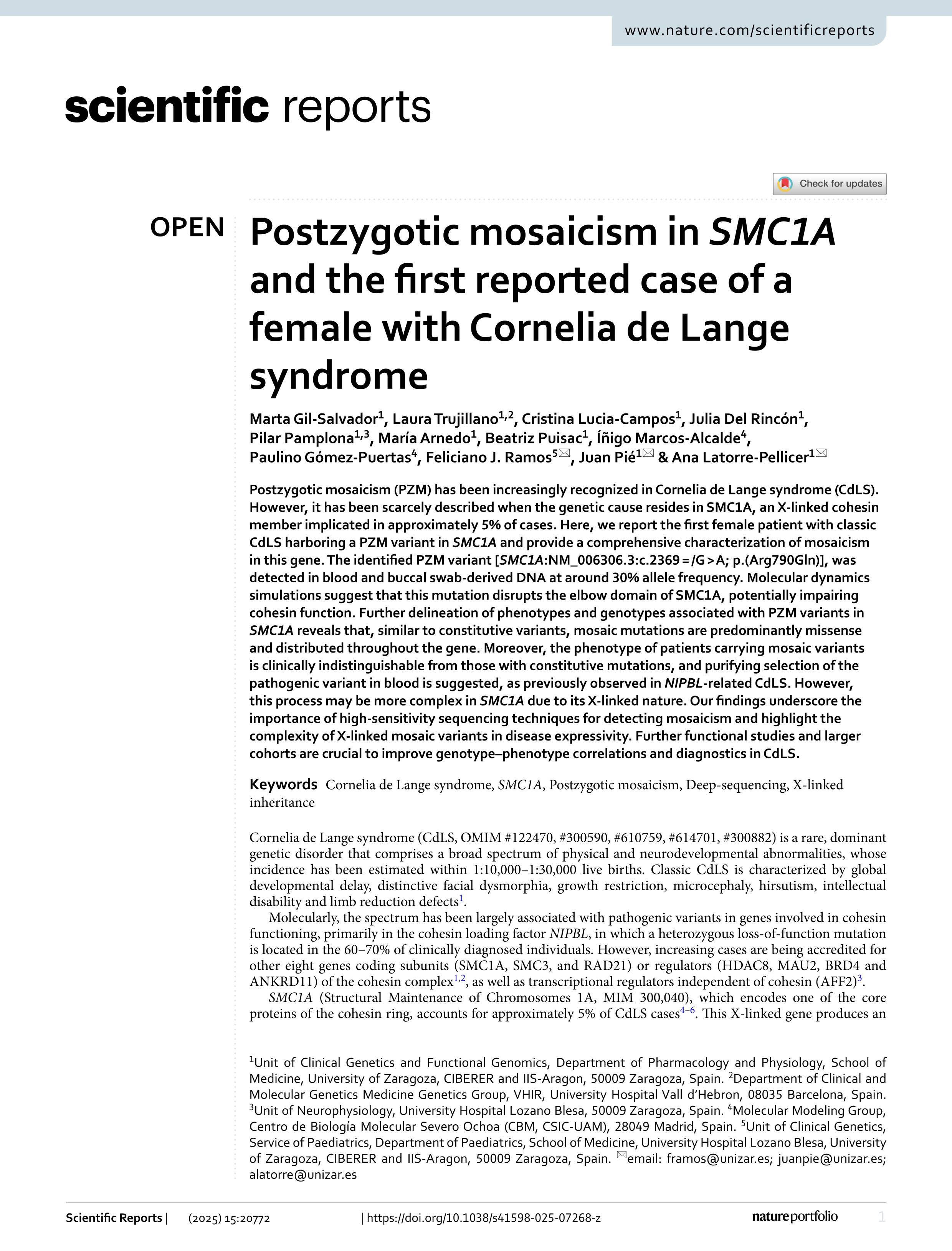 Postzygotic mosaicism in SMC1A and the first reported case of a female with Cornelia de Lange syndrome