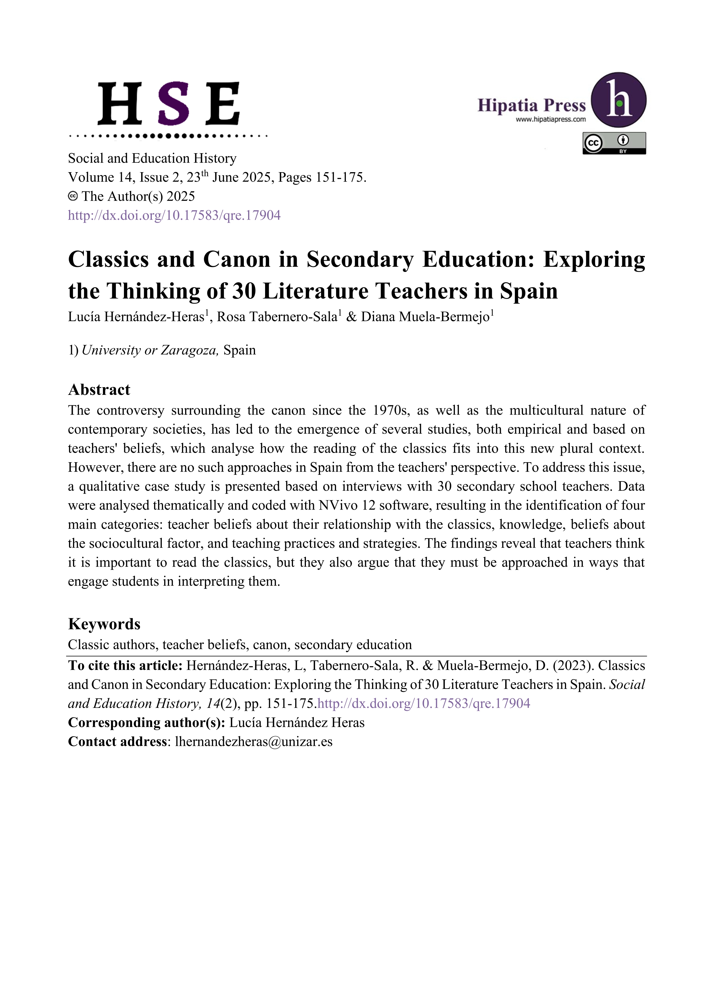 Classics and canon in Secondary Education: exploring the thinking of 30 literature teachers in Spain
