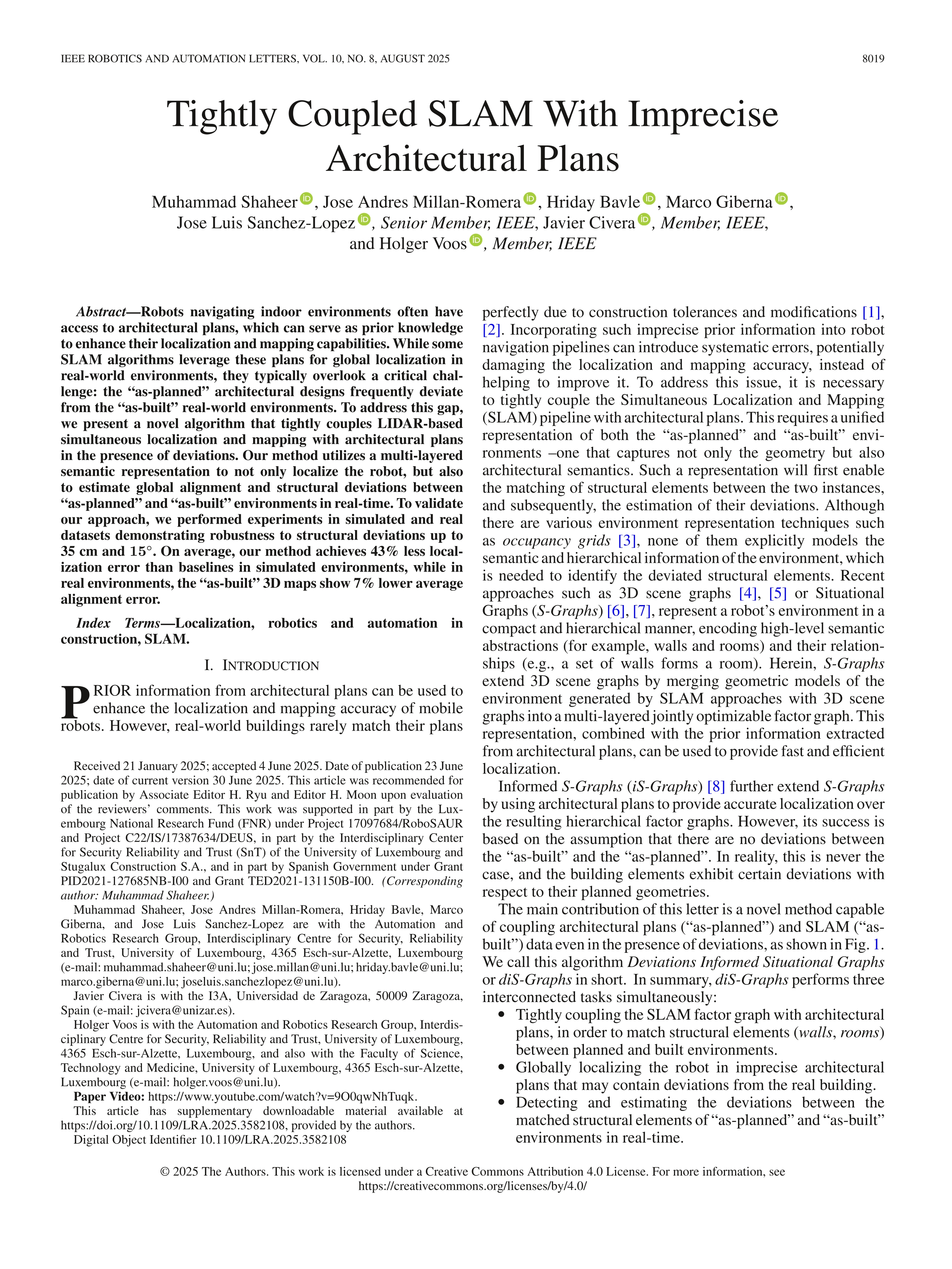 Tightly Coupled SLAM With Imprecise Architectural Plans