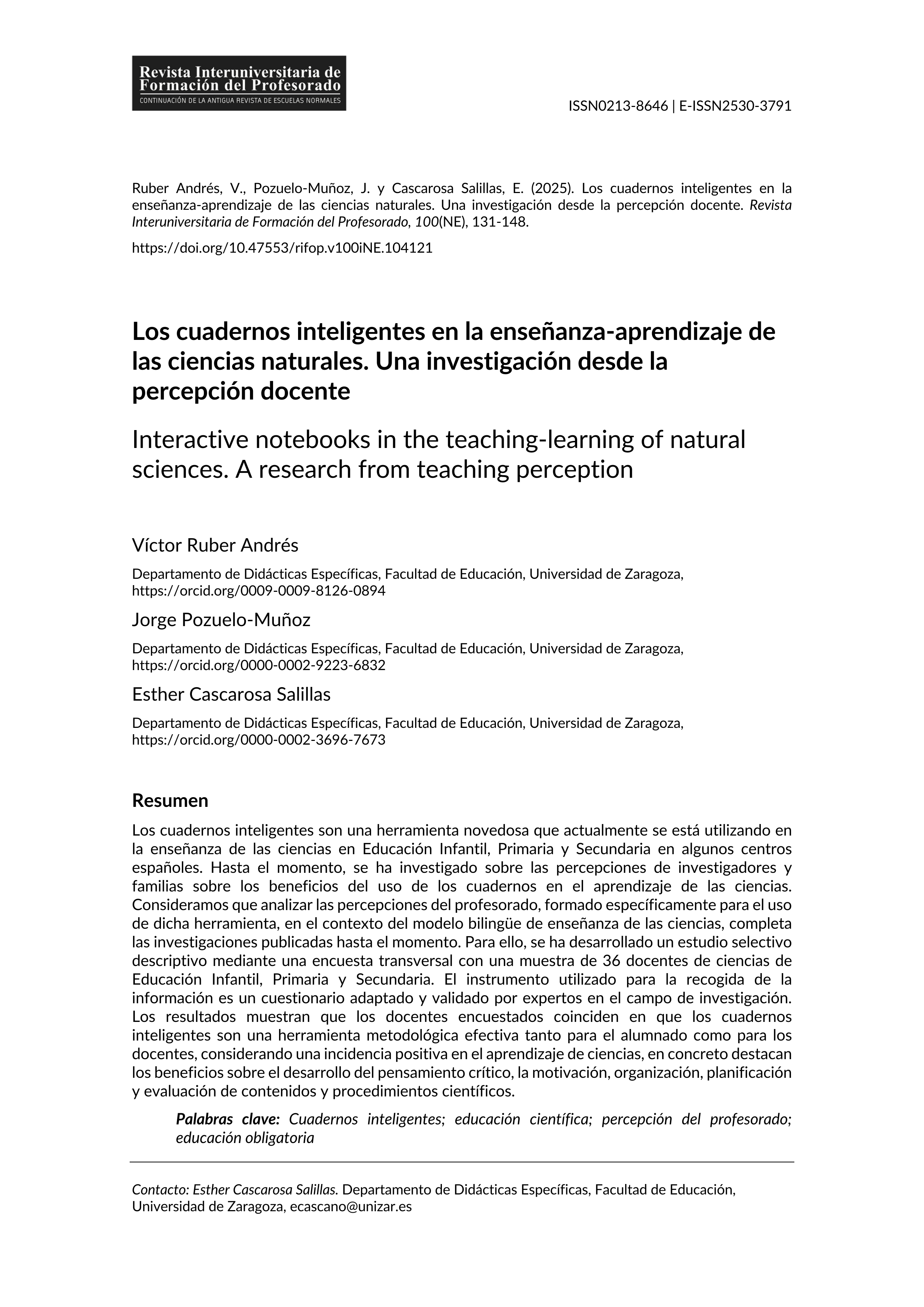 Interactive notebooks in the teaching-learning of natural sciences. A research from teaching perception