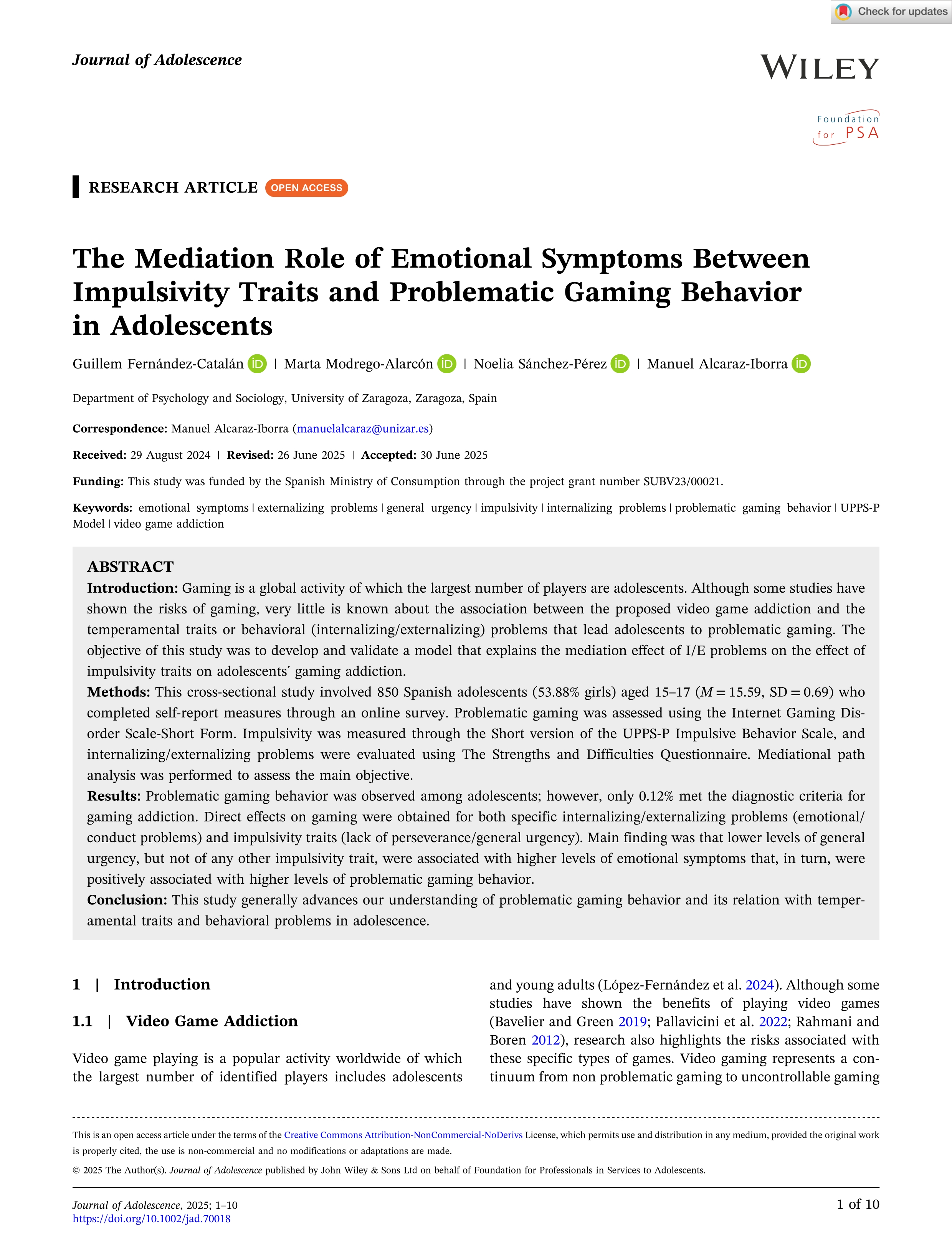 The Mediation Role of Emotional Symptoms Between Impulsivity Traits and Problematic Gaming Behavior in Adolescents