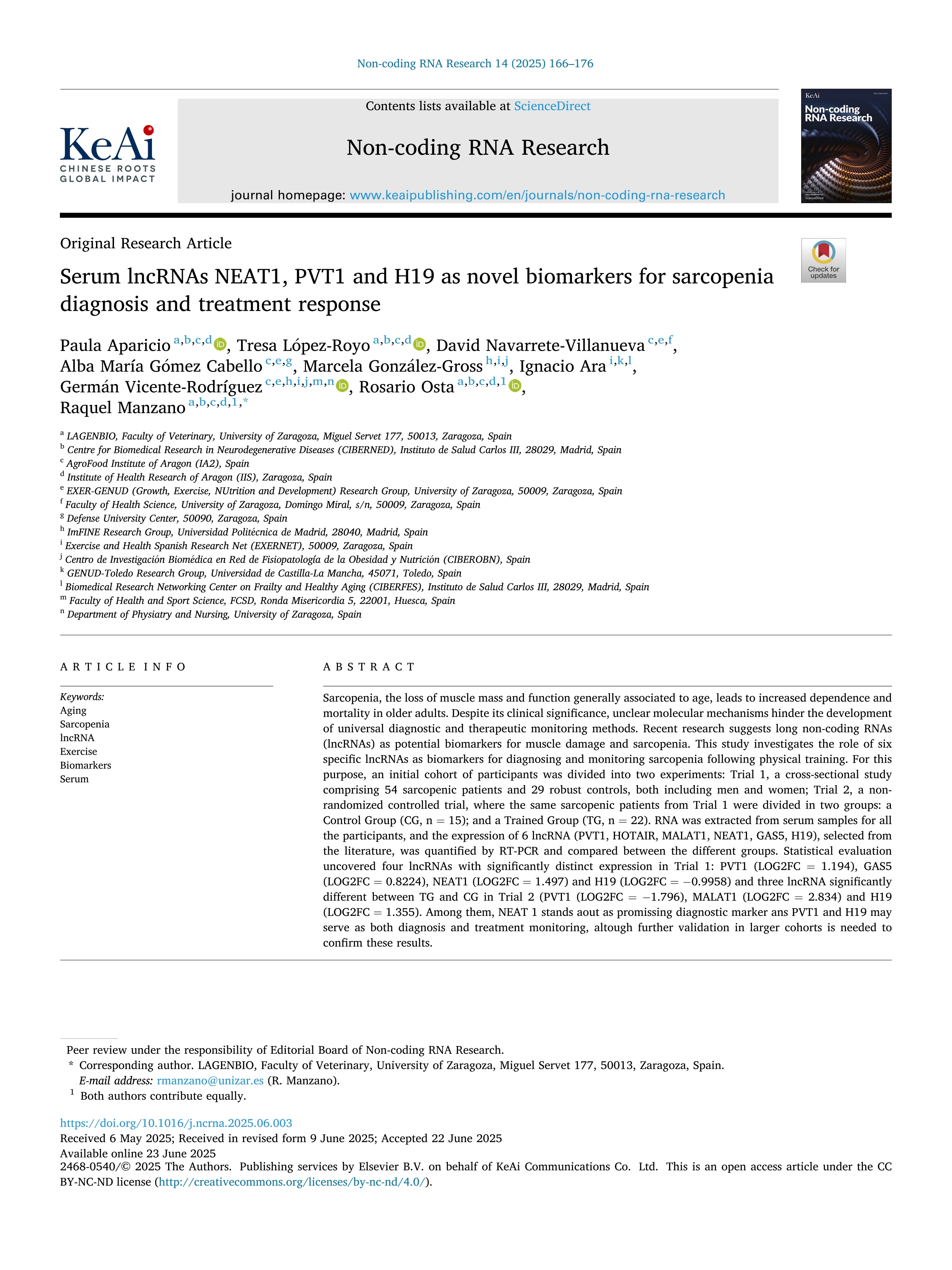 Serum lncRNAs NEAT1, PVT1 and H19 as novel biomarkers for sarcopenia diagnosis and treatment response