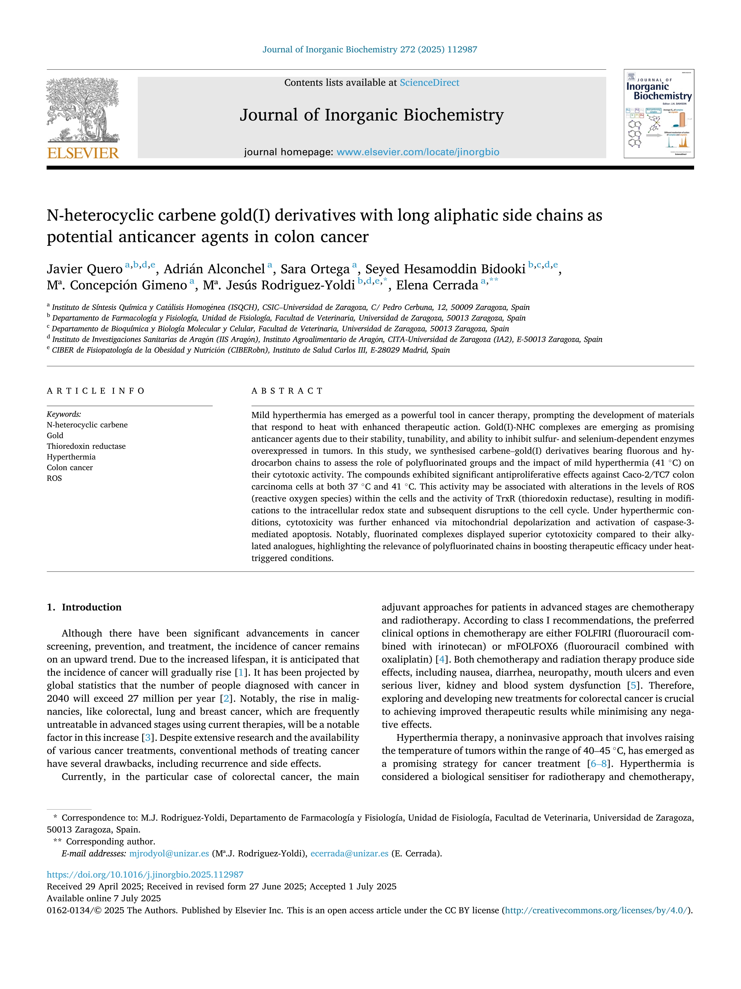 N-heterocyclic carbene gold(I) derivatives with long aliphatic side chains as potential anticancer agents in colon cancer