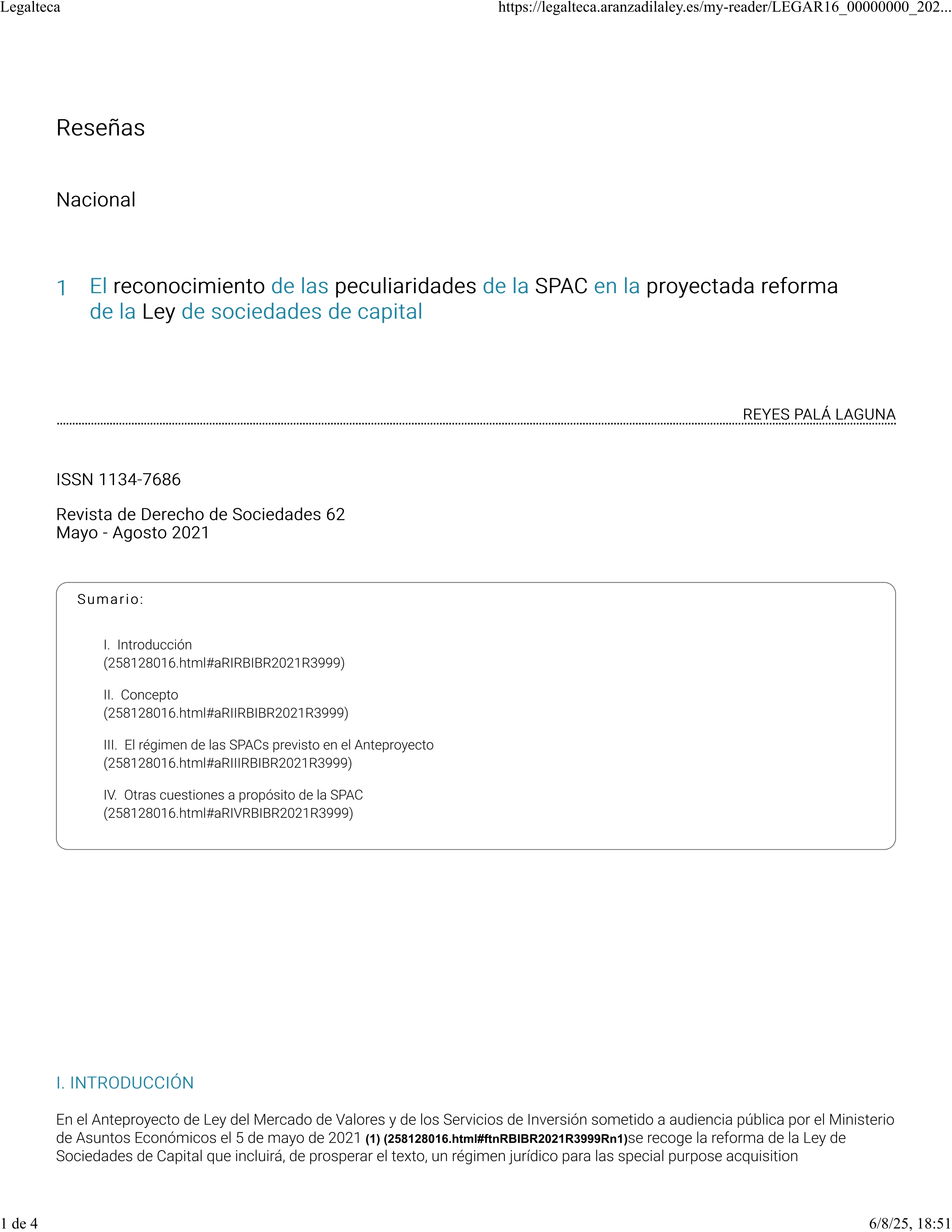 El reconocimiento de las peculiaridades de la SPAC en la proyectada reforma de la Ley de sociedades de capital