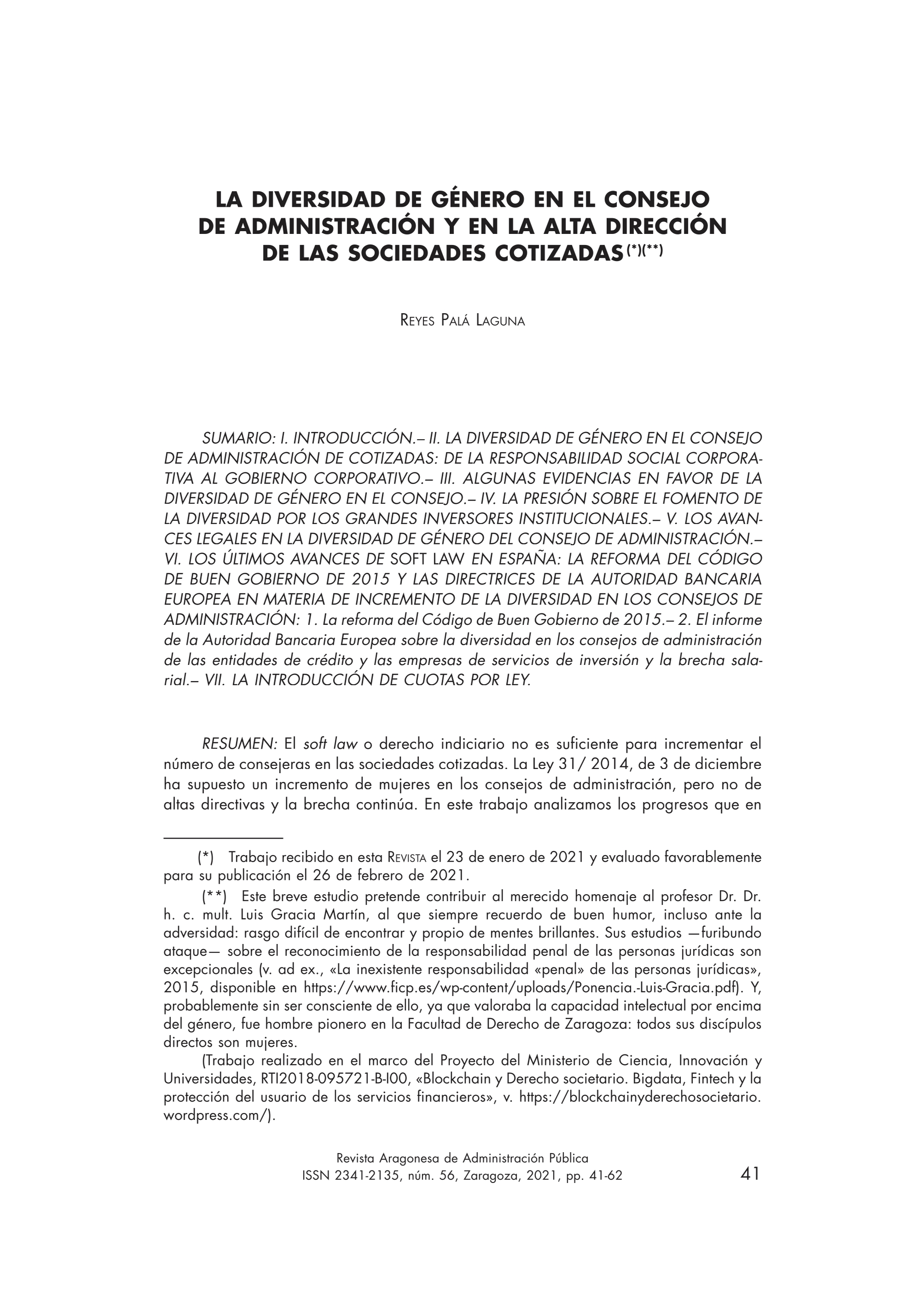 La diversidad de género en el consejo de administración y en la alta dirección de las sociedades cotizadas