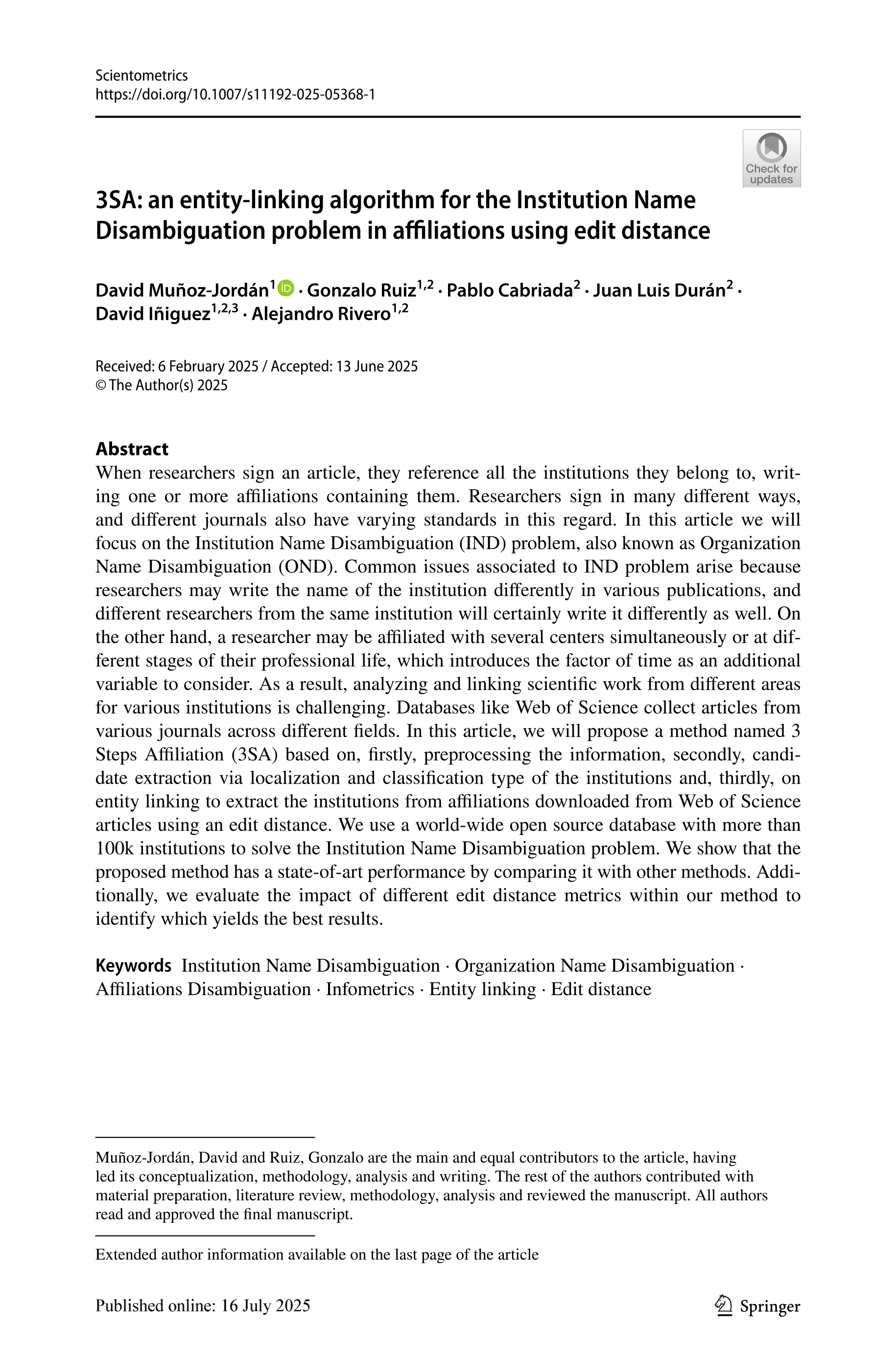 3SA: an entity-linking algorithm for the Institution Name Disambiguation problem in affiliations using edit distance